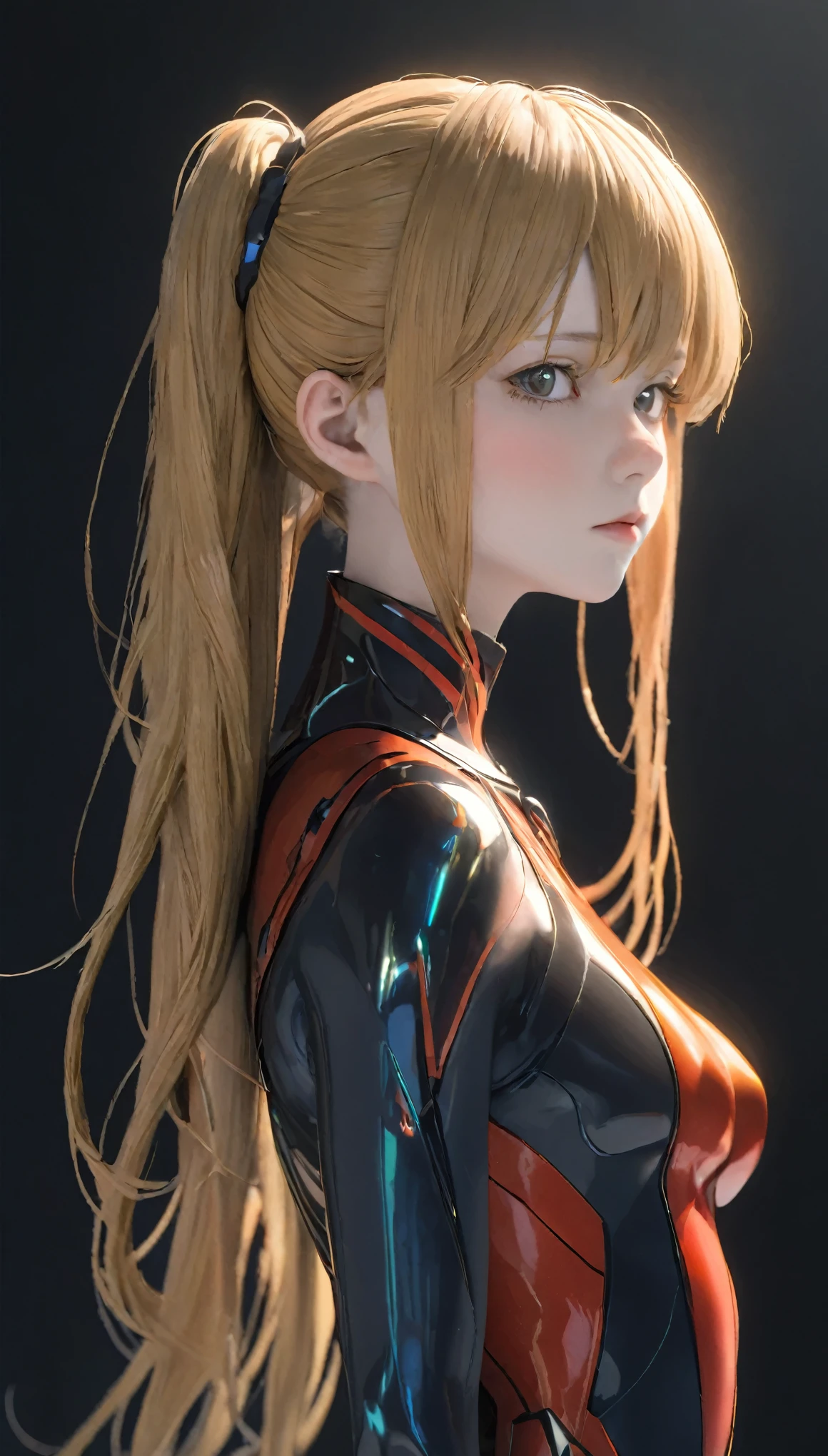 ((highest quality)), ((masterpiece)), (detailed: 1.4), 3D, Asuka Langley Soryu, Asuka, High resolution (High Dynamic Range), Ray Tracing, NVIDIA, Super Resolution, Unreal 5, Scattered beneath the surface ,PBR Texturing, Post-processing, Anisotropic Filtering, Depth of written boundary, Maximum sharpness and sharpness, Multilayer Texture, Albedo and Specular Maps, Surface Shading, Accurate simulation of light-matter interactions, Perfect Proportions ,Octane Rendering,Two-tone lighting,wide aperture,Low ISO,White balance,Three-part method,8K RAW,(masterpiece: 1.4, highest quality), (Intricate detailed), Unity8k wallpaper, 非常にdetailedな, Beautiful and mysterious, detailed background, Realistic, alone, Perfectly detailed face, detailedな青い目, 非常にdetailedな, blush, hair ornaments, Chignon Mahogany Hair, (blonde), Plug Suit 02, Shikinami Asuka Langley, Evangelion, A slim 15-year-old girl, Full Body Suit, Black background, Above the waist,A composition that shows the whole body,