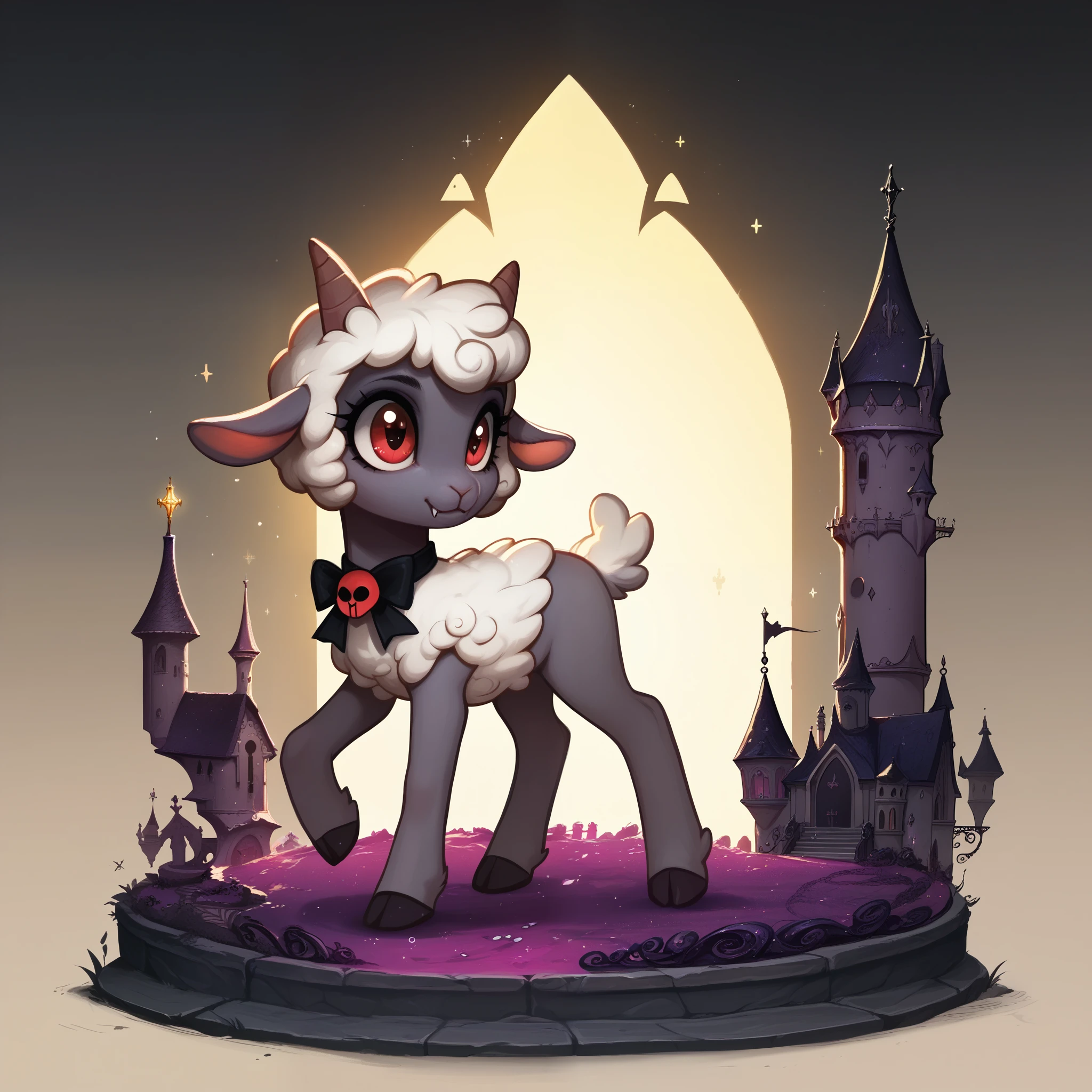 score_9,score_8_up,score_7_up,score_6_up, cute Vampire Lamb, Goth fashion, glowing backlight, Castle scene, glitter, whimsical, enchanted, magical, fantasy art concept, intricate details,