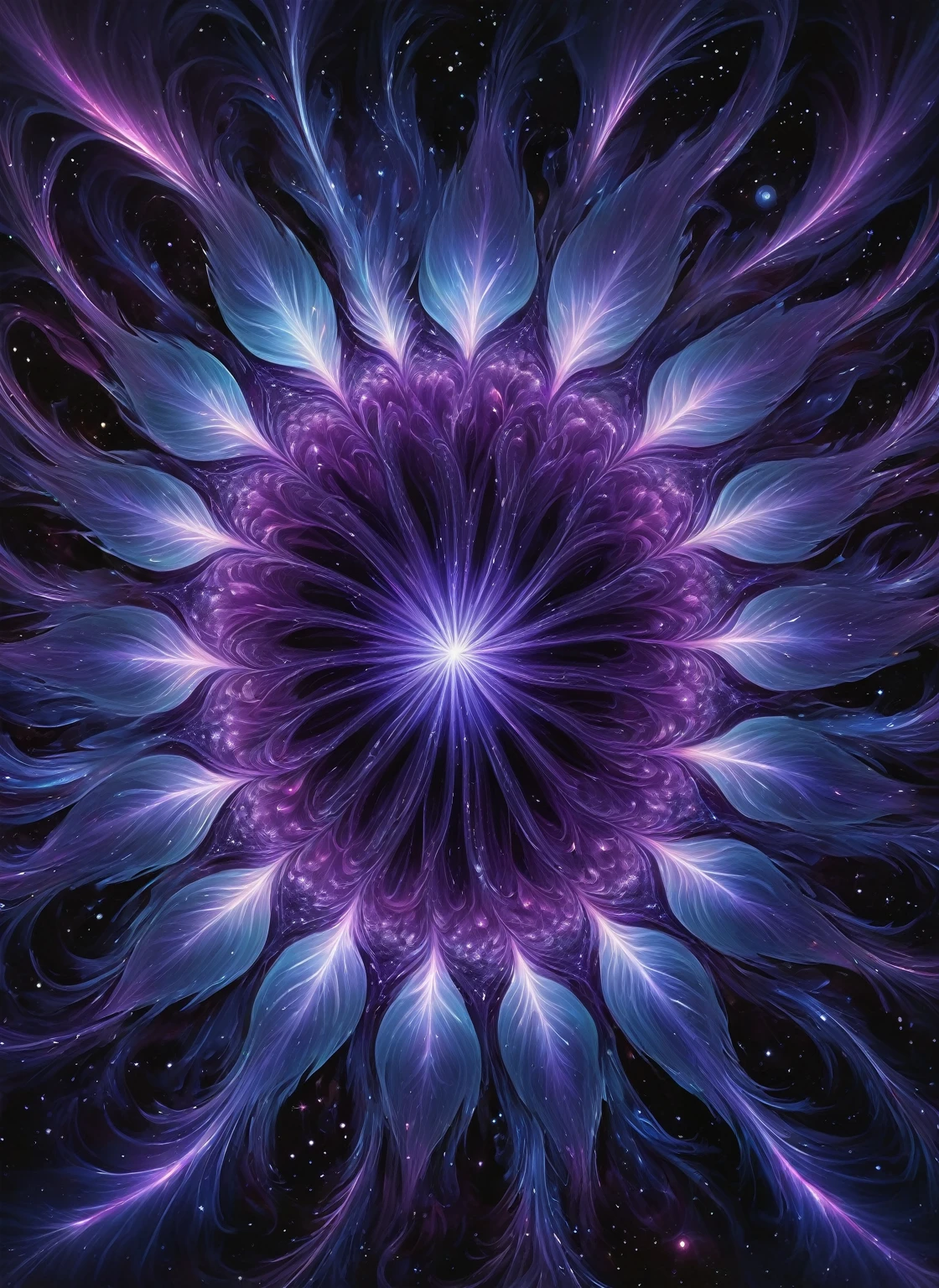In the depths of the galaxy, a mauve-tinted fantastical pulsar pod glows with mystical brilliance. This celestial object, resembling a delicate flower frozen in time, emits a soft yet powerful light that illuminates the surrounding darkness. Captured in a stunning digital painting, every intricate detail of the pod is expertly rendered, making it appear almost lifelike. The image is mesmerizing, drawing viewers in with its ethereal beauty and otherworldly charm.