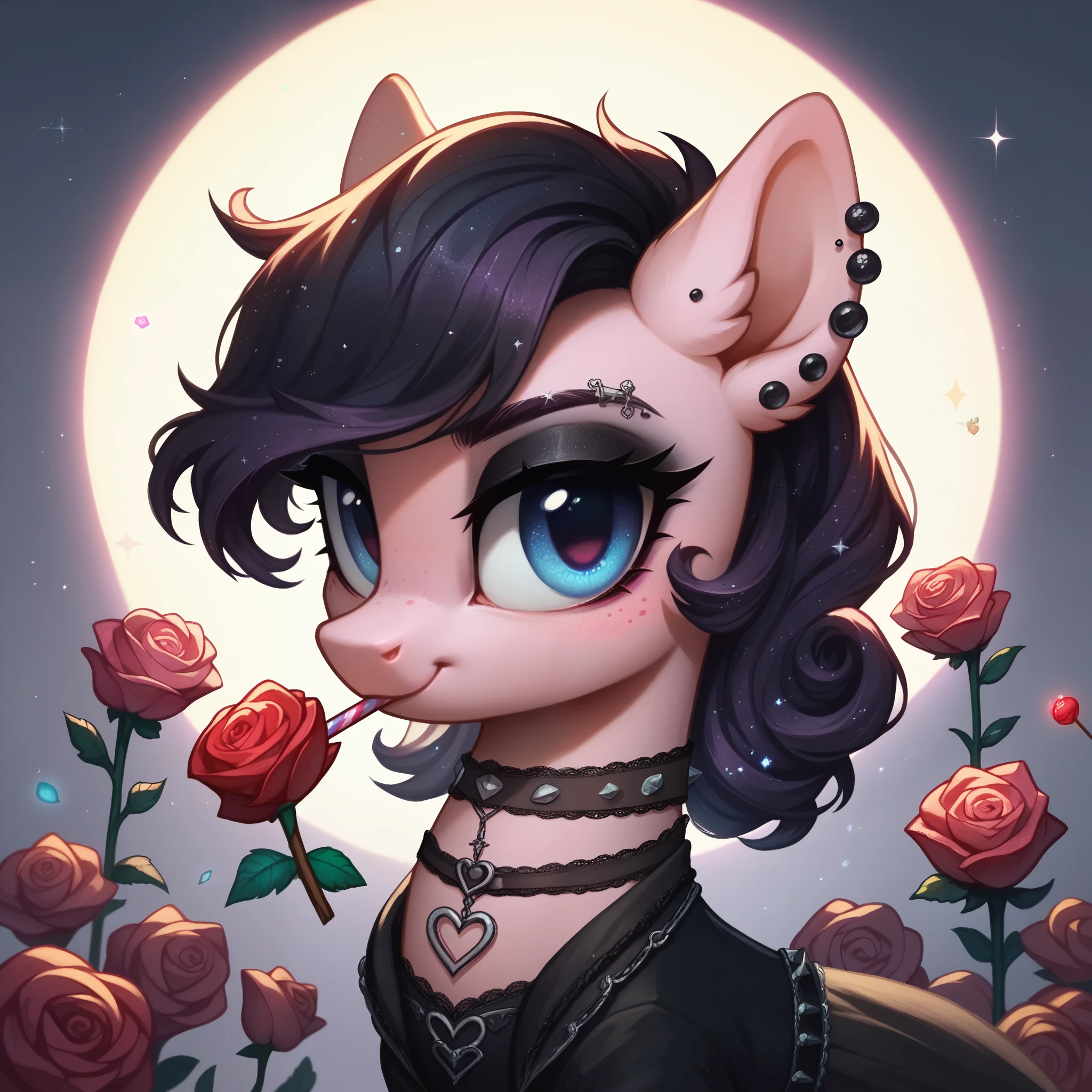 score_9,score_8_up,score_7_up,score_6_up, cute Rose pony, Goth fashion, glowing backlight, candy, pink scene, glitter, whimsical, enchanted, magical, fantasy art concept, intricate details,