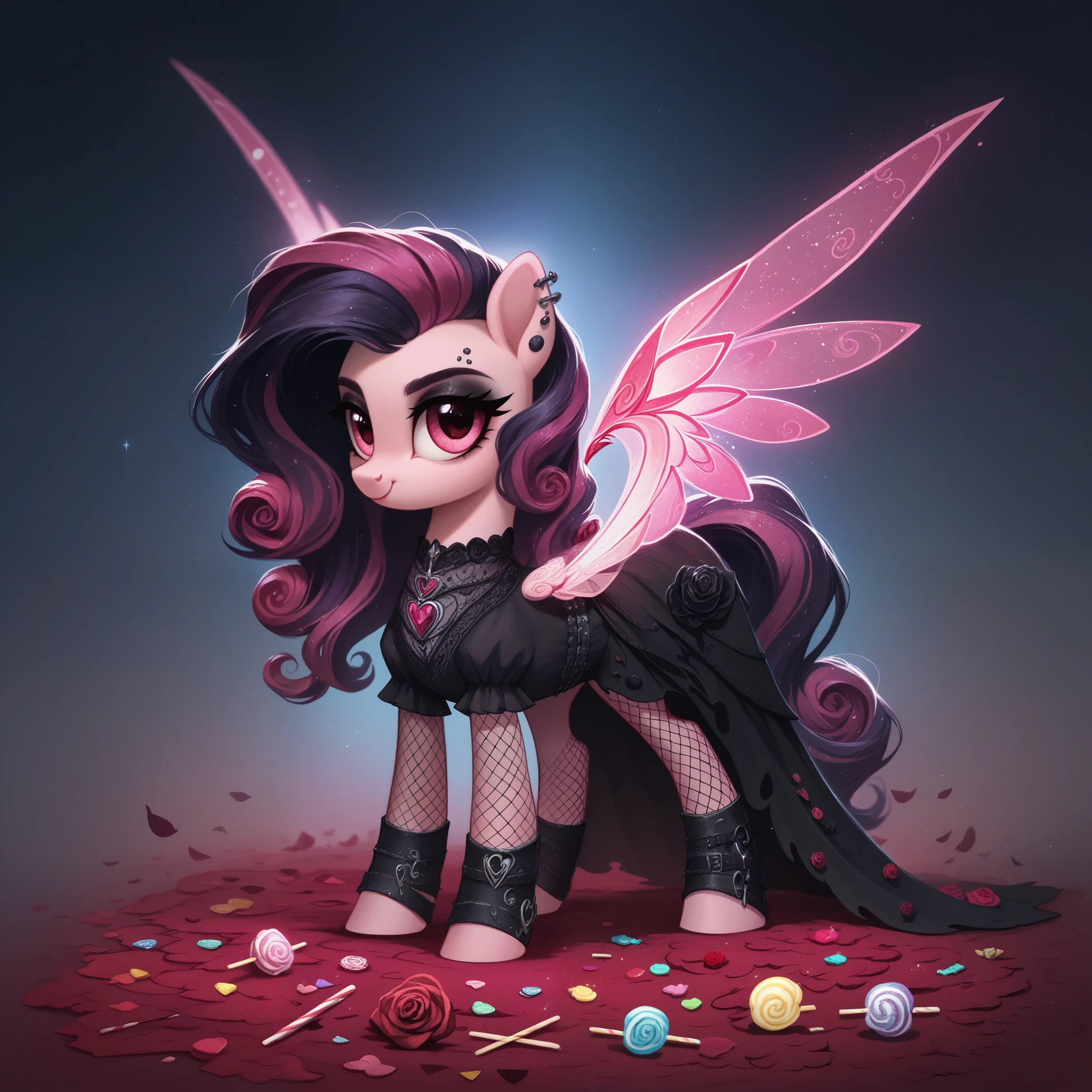 score_9,score_8_up,score_7_up,score_6_up, cute Rose pony, Goth fashion, glowing backlight, candy, pink scene, glitter, whimsical, enchanted, magical, fantasy art concept, intricate details,