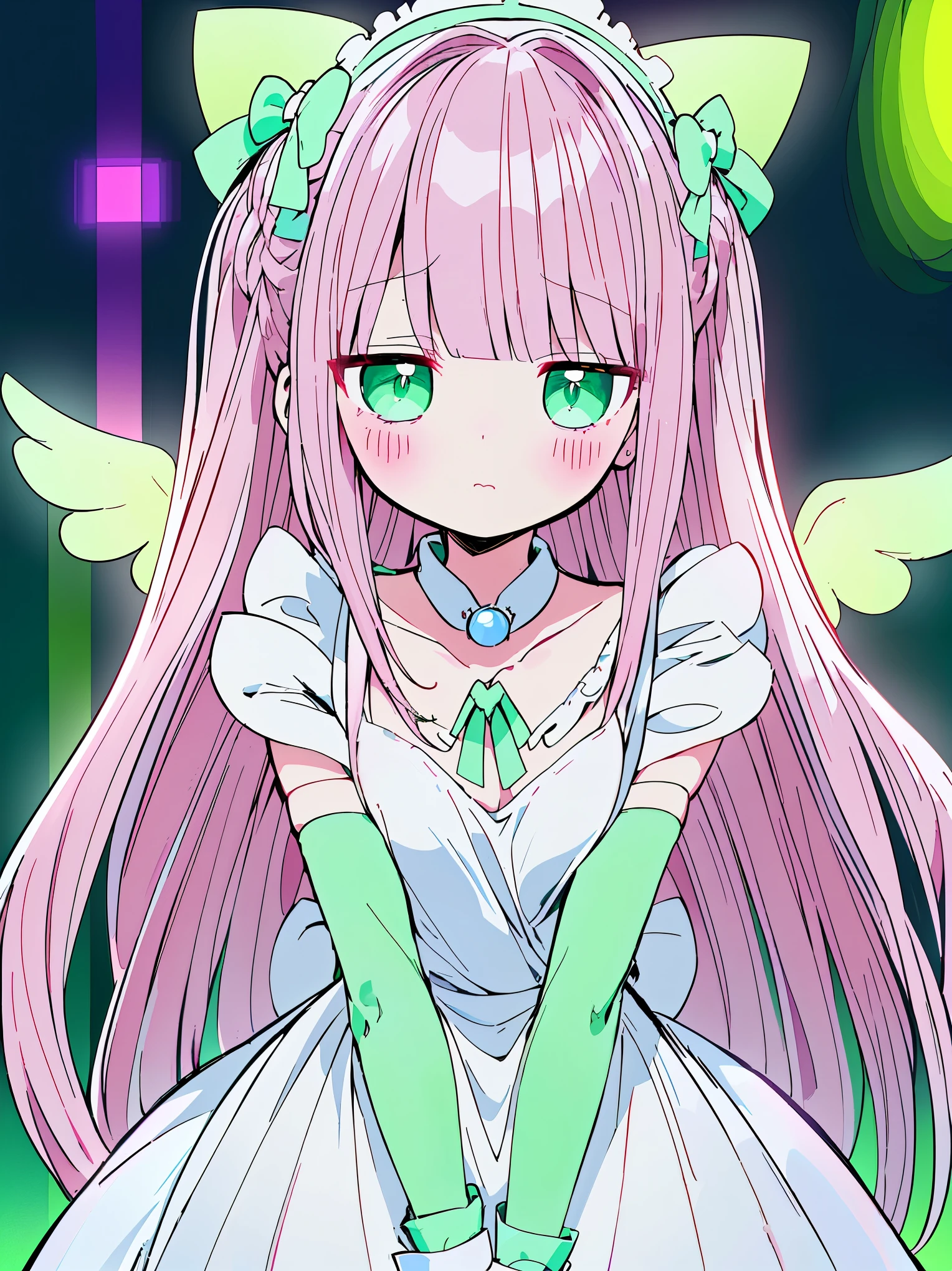 (((pearl pink hair,emerald pupils,green eyes))),((beautiful and detailed)),(blushing), (geometric:1.1),(((white cheongsam with frills,neck collar)), ((1girl,amazing,adorable maid,solo,arms down,big big eyes)),(Masterpiece,Best quality, offcial art,fractal art, Beautiful and aesthetic:1.2),(4k,HD,HRS),((small breasts)),(Physically-based rendering),Sharp focus, (((highdetailskin,The details are complex、Shallow depth of field、movie lighting、Reflectors、a Canon EOS R5、50mm lens、f / 2.8、shot at 8k resolution))),simple cloths,correct pupils,((((shiny hair|soft hair|half bangs|long hair)))),(masterpiece sidelighting),(The sheen),(beautiful hair,beautiful background,bokeh:55mm)),((extremely_Detailed_Eyes_and_face)),Movie girl,(Dynamic posture: 1.2),Brilliant