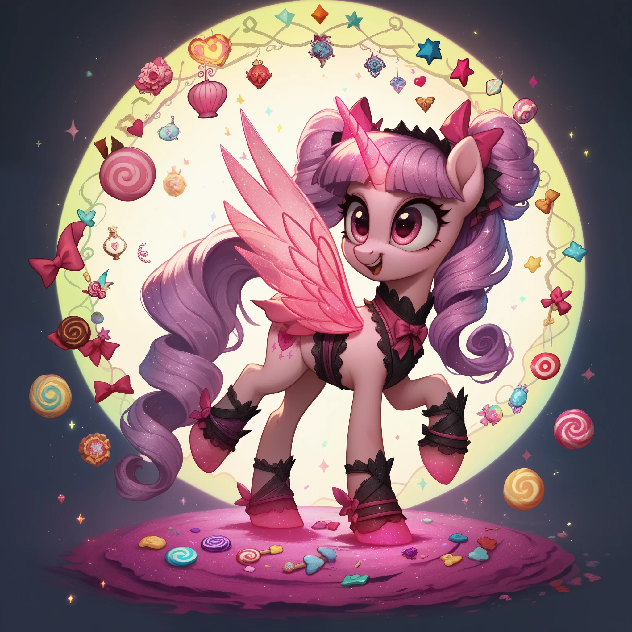 score_9,score_8_up,score_7_up,score_6_up, cute pony, kawaii lolita fashion, glowing backlight, candy, pink scene, glitter, whimsical, enchanted, magical, fantasy art concept, intricate details,