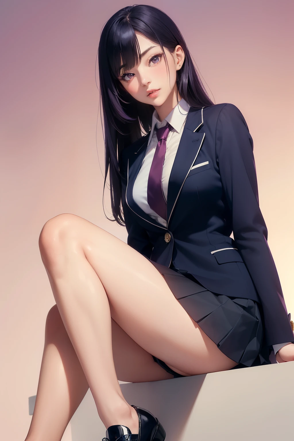 (masterpiece, best quality, cinematic, photorealistic, ultra-detailed), 1girl, Japanese student, thicc, (wide shot, from below:1.5), (smart-looking female student wearing female typically consists of a navy blue blazer or cardigan with the school emblem, paired with a white or light blue button-up shirt, a mini pleated skirt, optional accessories such as a tie and black or navy blue closed-toe shoes:1.4), (purple hair, sleek long hair with bangs:1.2), perfect hands, perfect face, (large chest, long round legs, shiny legs, sexy legs:1.4), round ass, (seductive pose:1.2), (brown eyes, soft and shimmery eyeshadows, detailed pupils, defined eyelashes), (blushing, slightly parted lips, cherry lips:1.2), (gradient background:1.2), (sitting crossed-legs)