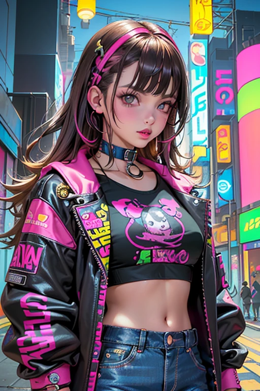obra maestra, La mejor calidad en el mejor de los casos., Chica ciberpunk segura, tiro del vaquero, ((Neon cropped Harajuku style fashion clothing vintage colors and patterns, accesorios llamativos, Peinado elegante e innovador, Maquillaje vibrante, El deslumbrante paisaje urbano de Cyberpunk, rascacielos, (Bright neon sign), (Esquema de colores vivos y correctos para luces LED brillantes, incredibly detailed, hermoso rostro detallado, Detalles complicados, ultra-detallado. Light brown hair with bright pink LED highlights in the front