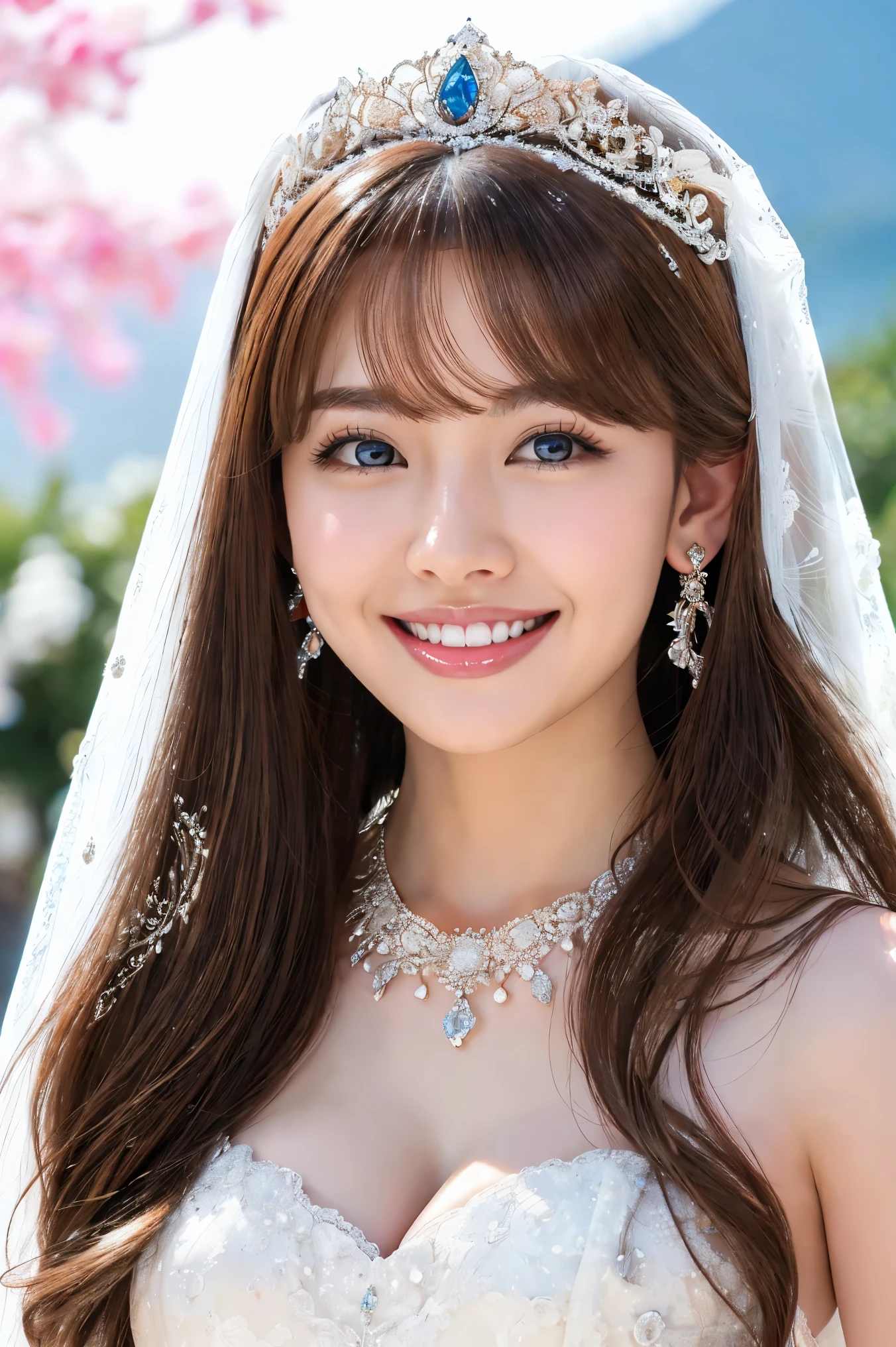 (highest quality、Tabletop、8k、Best image quality、Award-winning works)、One beautiful bride、(alone:1.1)、(The most extravagant and gorgeous huge wedding dresses:1.1)、(Perfect Wedding Lace:1.2)、(The most extravagant and luxurious giant tiara:1.1)、(The most extravagant and luxurious giant necklace:1.1)、The most beautiful smile is looking at me、A wide selection of the finest jewellery、(Bridal upper body photo:1.1)、Perfect Makeup、Long eyelashes、Ultra HD Shining Eyes、Ultra HD Hair、Ultra High Resolution Glossy Lips、Ultra High Resolution Perfect Teeth、Super high resolution beautiful face、(Accurate anatomy:1.1)、(Very bright and beautiful skin:1.2)、(very bright and vivid:1.2)、(Gorgeous wedding venue backdrop:1.1)