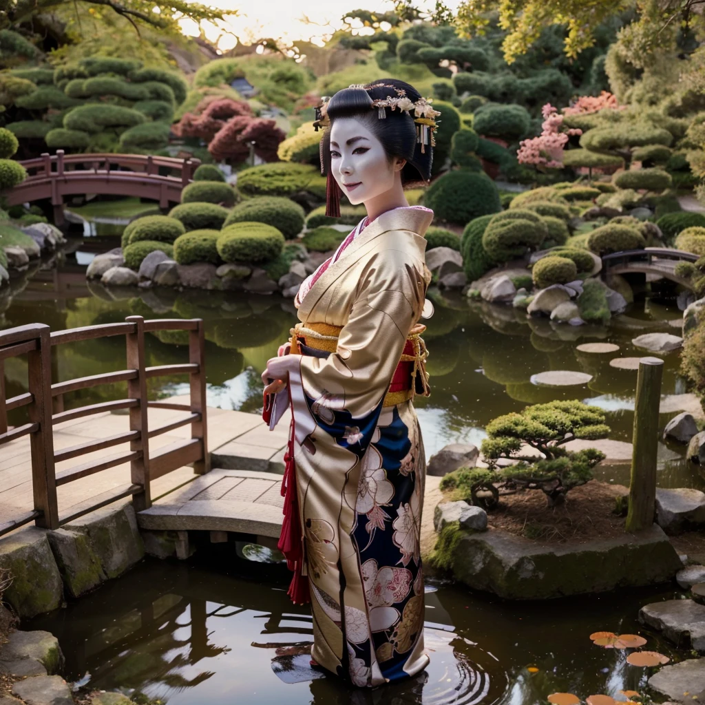 (a geisha in a traditional kimono with half-turned hair, Japanese garden with pond and bridge in the background. Couleurs d'automne. Aesthetics of 19th century Japanese prints), (High resolution, Ultra-detailed), (Illustration traditionnelle, coups de pinceau délicats), pose sexy, medium breast, good face(Des couleurs vives, riche palette de couleurs), (Soft lighting, ombres douces)