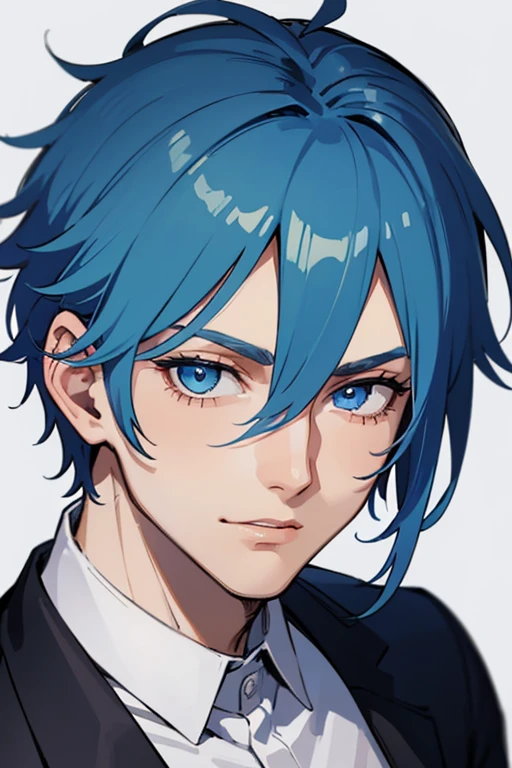 1man, mature, winking, handsome boy, blue hair, blue eyes, short messy blue hair, white background, adult, ((28 years old)), male, man, handsome, 28 years old, adult man