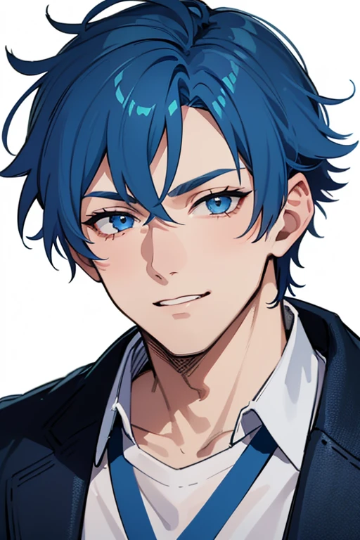 1man, mature, winking, handsome boy, blue hair, blue eyes, short messy blue hair, white background, adult, ((28 years old)), male, man, handsome, 28 years old, adult man