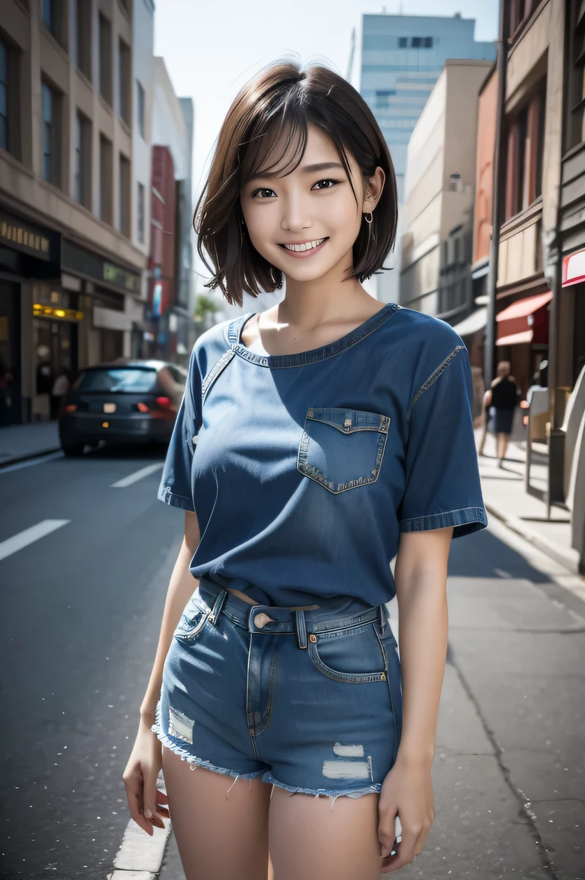 The beauty of 8K raw photos:2.0, Japanese woman, short hair, beautiful face and dark eyes, looking down, looking at the viewer:1.5, big smile, wet hair, tiny top, (denim shorts:1.2), shinny skin, open wide legs, realistic:1.9, very detailed, full body shot:1.2, High resolution RAW color photos, professional photos, Taken at the city hall, girl sexy portrait