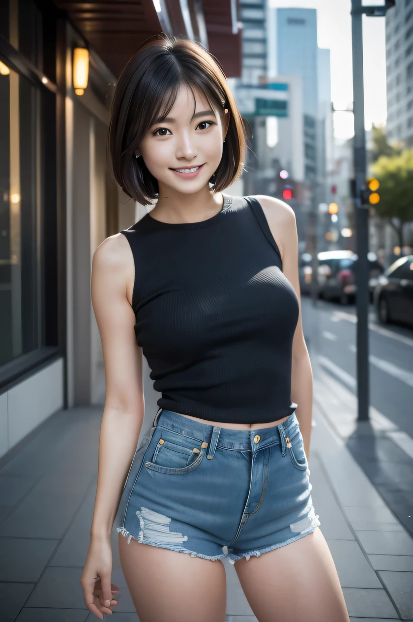 The beauty of 8K raw photos:2.0, Japanese woman, short hair, beautiful face and dark eyes, looking down, looking at the viewer:1.5, big smile, wet hair, tiny top, (denim shorts:1.2), shinny skin, open wide legs, realistic:1.9, very detailed, full body shot:1.2, High resolution RAW color photos, professional photos, Taken at the city hall, girl sexy portrait