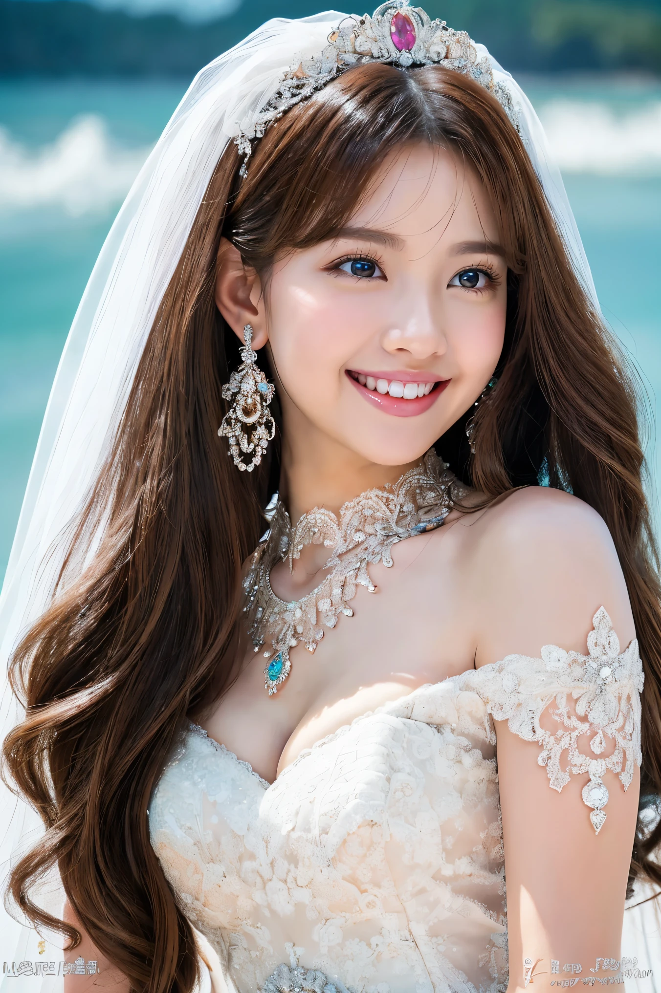 (highest quality、Tabletop、8k、Best image quality、Award-winning works)、One beautiful bride、(alone:1.1)、(The most extravagant and gorgeous huge wedding dresses:1.1)、(Perfect Wedding Lace:1.2)、(The most extravagant and luxurious giant tiara:1.1)、(The most extravagant and luxurious giant necklace:1.1)、The most beautiful smile is looking at me、A wide selection of the finest jewellery、(Bridal upper body photo:1.1)、Perfect Makeup、Long eyelashes、Ultra HD Shining Eyes、Ultra HD Hair、Ultra High Resolution Glossy Lips、Ultra High Resolution Perfect Teeth、Super high resolution beautiful face、(Accurate anatomy:1.1)、(Very bright and beautiful skin:1.2)、(very bright and vivid:1.2)、(Gorgeous wedding venue backdrop:1.1)