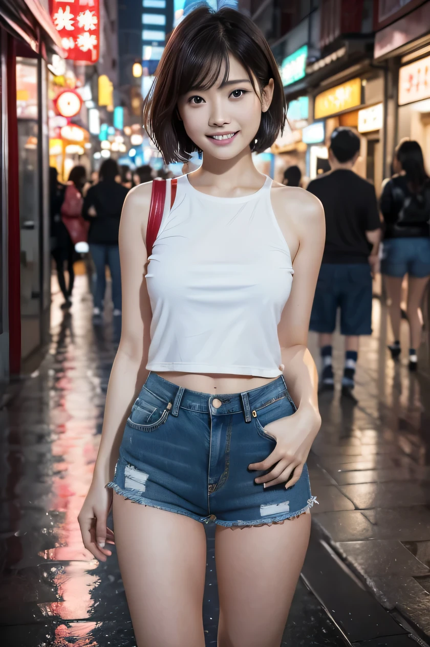 The beauty of 8K raw photos:2.0, Japanese woman, short hair, beautiful face and dark eyes, looking down, looking at the viewer:1.5, big smile, wet hair, tiny top, (denim shorts:1.2), shinny skin, open wide legs, realistic:1.9, very detailed, full body shot:1.2, High resolution RAW color photos, professional photos, Taken at the china town, girl  portrait