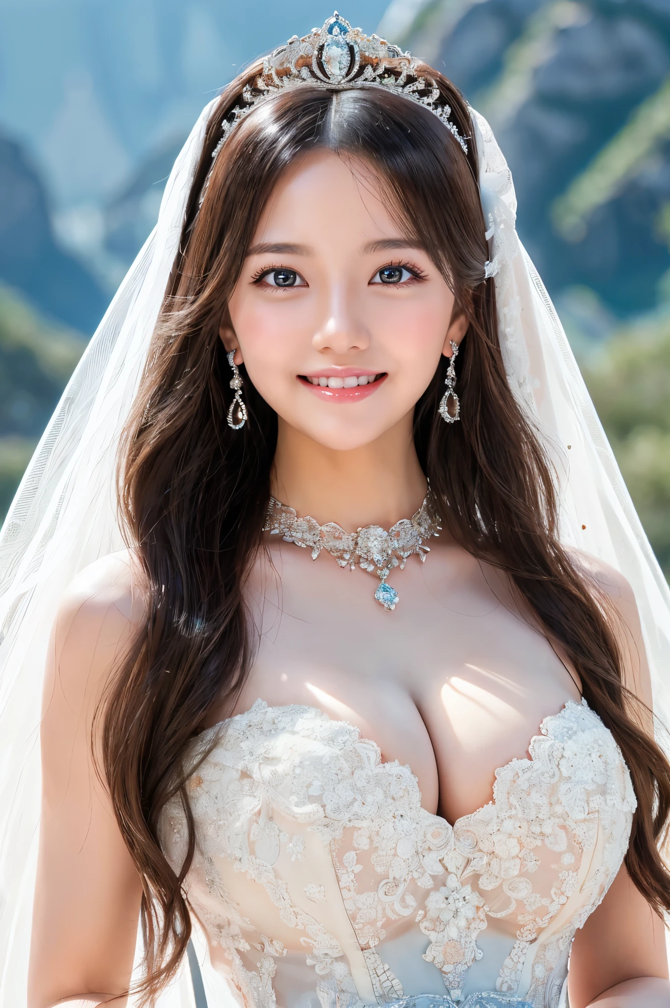 (highest quality、Tabletop、8k、Best image quality、Award-winning works)、One beautiful bride、(alone:1.1)、(The most extravagant and gorgeous huge wedding dresses:1.1)、(Perfect Wedding Lace:1.2)、(The most extravagant and luxurious giant tiara:1.1)、(The most extravagant and luxurious giant necklace:1.1)、The most beautiful smile is looking at me、A wide selection of the finest jewellery、(Bridal upper body photo:1.1)、Perfect Makeup、Long eyelashes、Ultra HD Shining Eyes、Ultra HD Hair、Ultra High Resolution Glossy Lips、Ultra High Resolution Perfect Teeth、Super high resolution beautiful face、(Accurate anatomy:1.1)、(Very bright and beautiful skin:1.2)、(very bright and vivid:1.2)、(Gorgeous wedding venue backdrop:1.1)