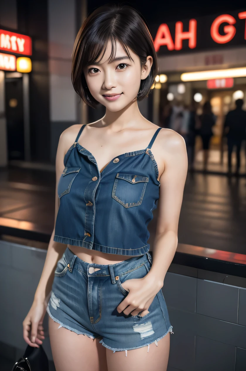 The beauty of 8K raw photos:2.0, Japanese woman, short hair, beautiful face and dark eyes, looking down, looking at the viewer:1.5, big smile, wet hair, tiny top, (denim shorts:1.2), shinny skin, open wide legs, realistic:1.9, very detailed, full body shot:1.2, High resolution RAW color photos, professional photos, Taken at the movie theater, girl sexy portrait