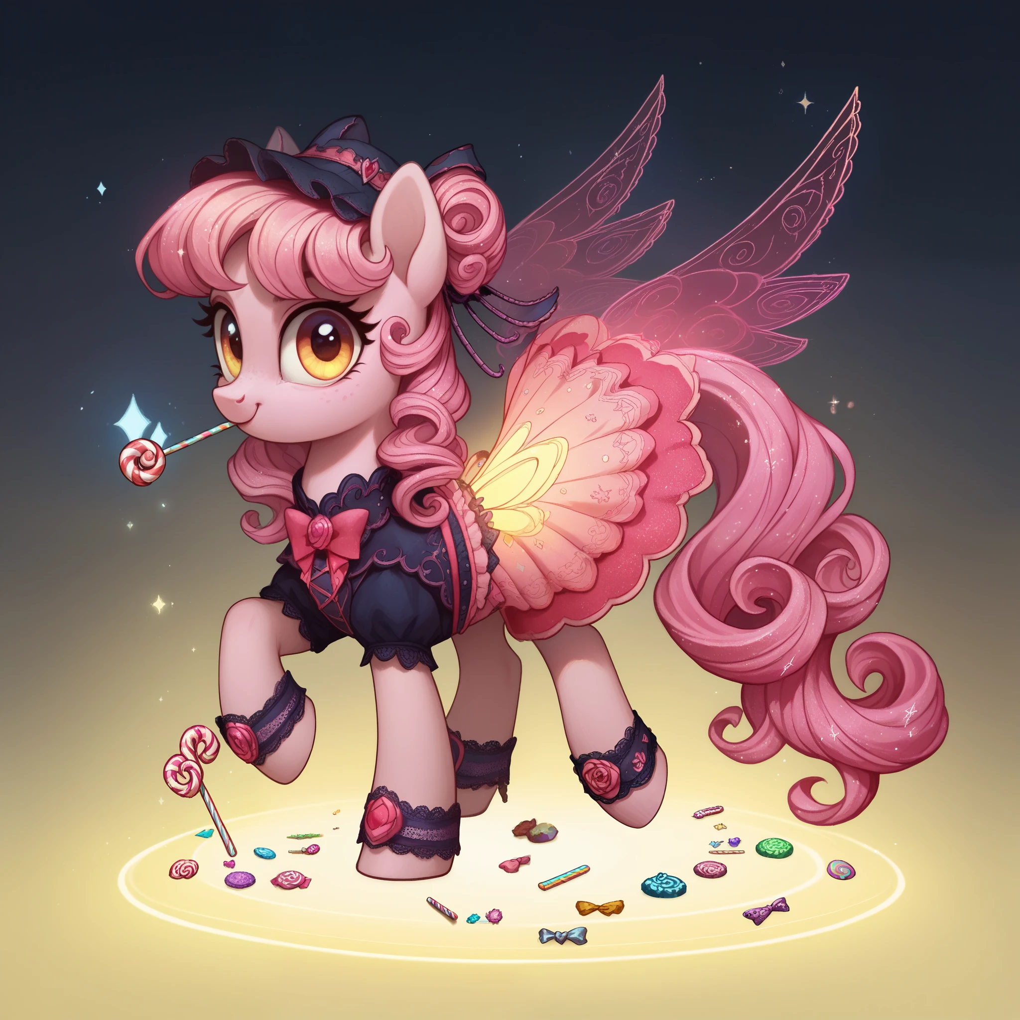 score_9,score_8_up,score_7_up,score_6_up, cute pony, kawaii ****ta fashion, glowing backlight, candy, pink scene, glitter, whimsical, enchanted, magical, fantasy art concept, intricate details,