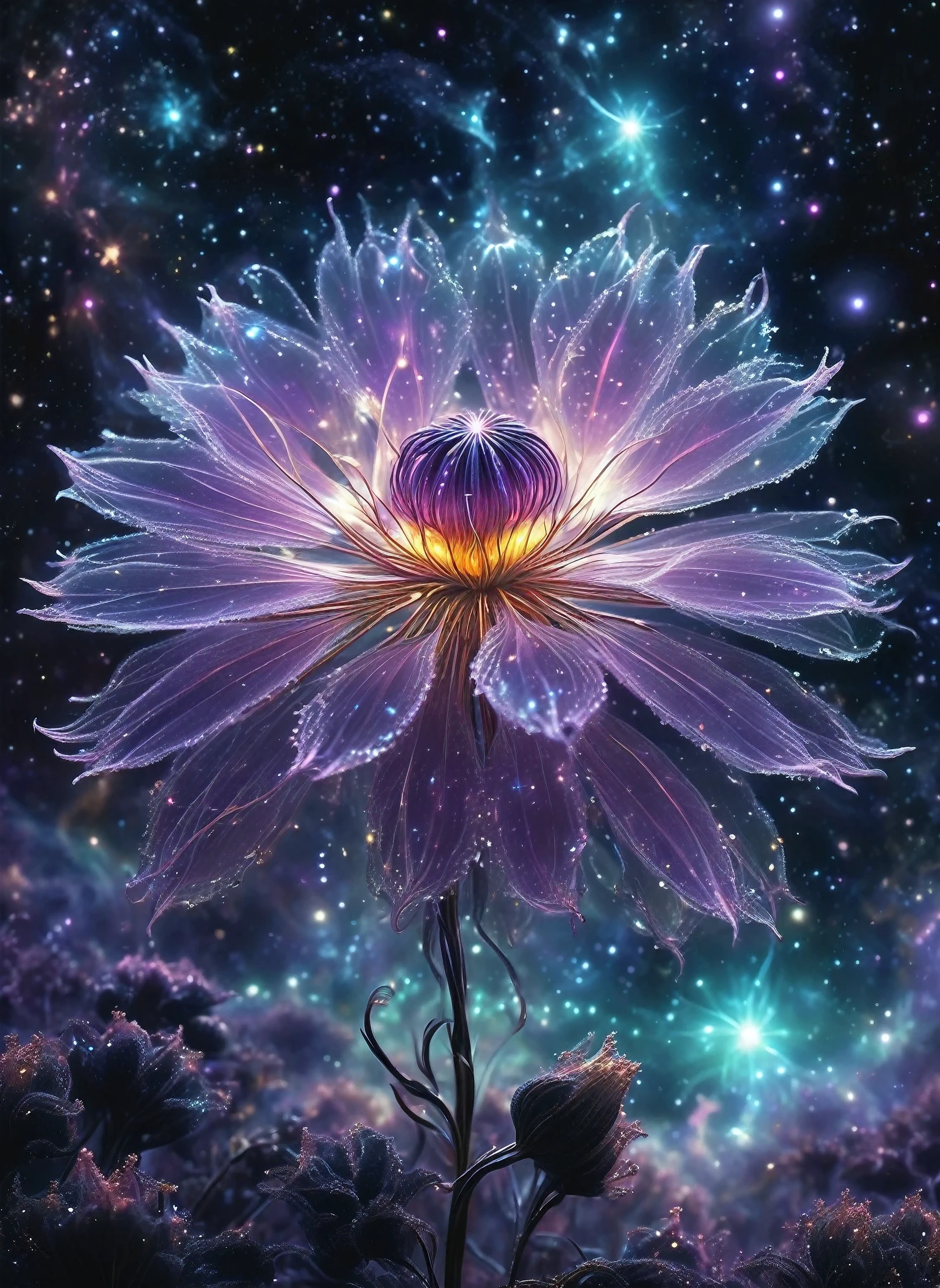 In the depths of the galaxy, a mauve-tinted fantastical pulsar pod glows with mystical brilliance. This celestial object, resembling a delicate flower frozen in time, emits a soft yet powerful light that illuminates the surrounding darkness. Captured in a stunning digital painting, every intricate detail of the pod is expertly rendered, making it appear almost lifelike. The image is mesmerizing, drawing viewers in with its ethereal beauty and otherworldly charm.