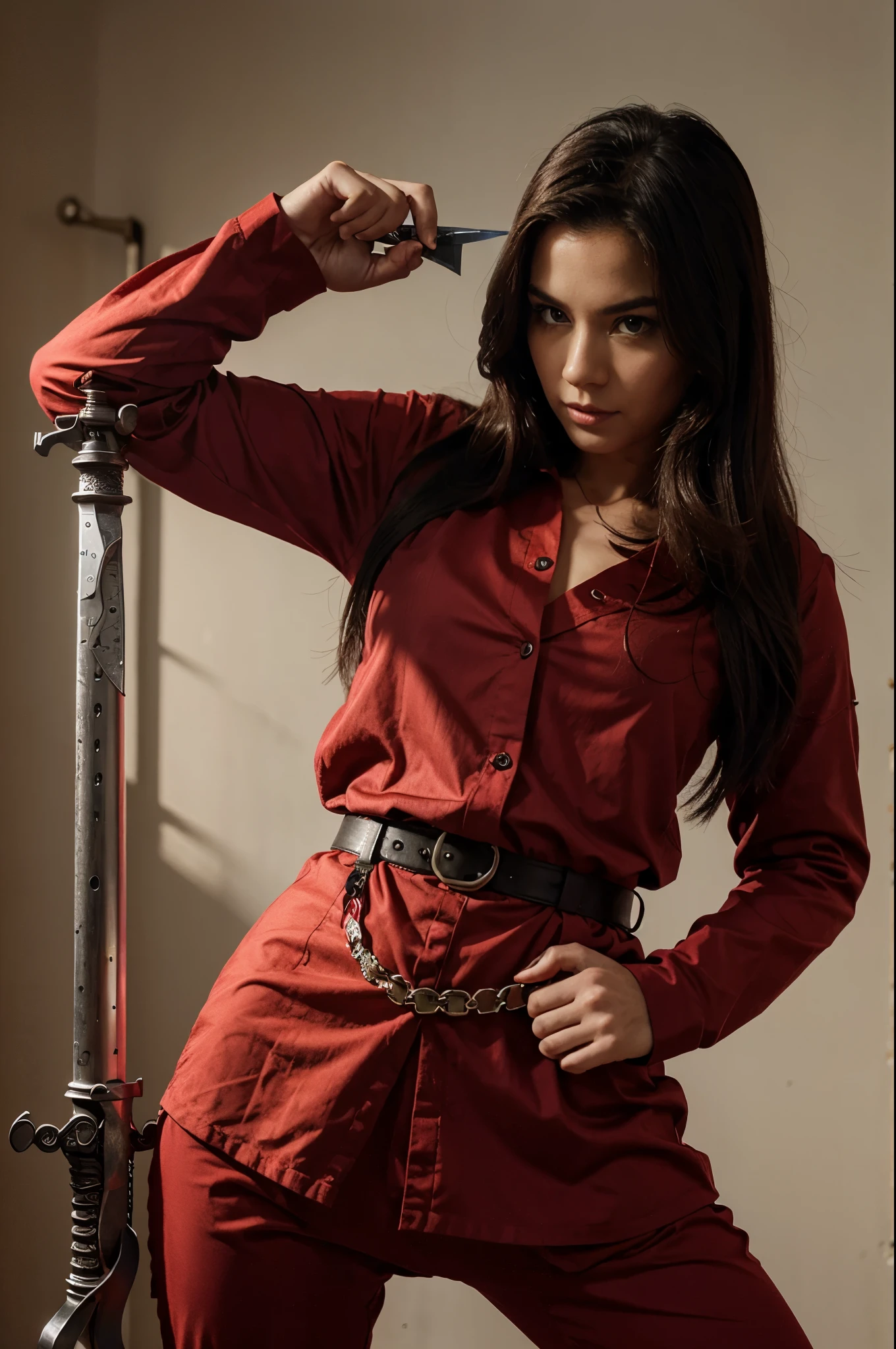 WOMAN, NINJA, WITH SWORD IN HAND RED CLOTHES