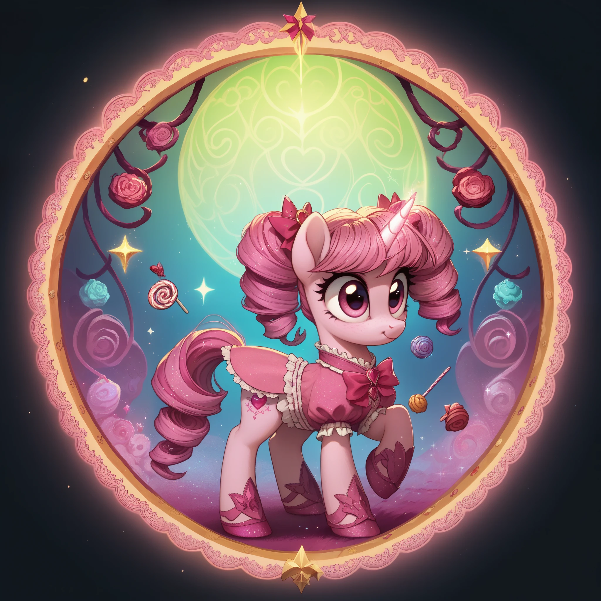 score_9,score_8_up,score_7_up,score_6_up, cute pony, kawaii lolita fashion, glowing backlight, candy, pink scene, glitter, whimsical, enchanted, magical, fantasy art concept, intricate details,