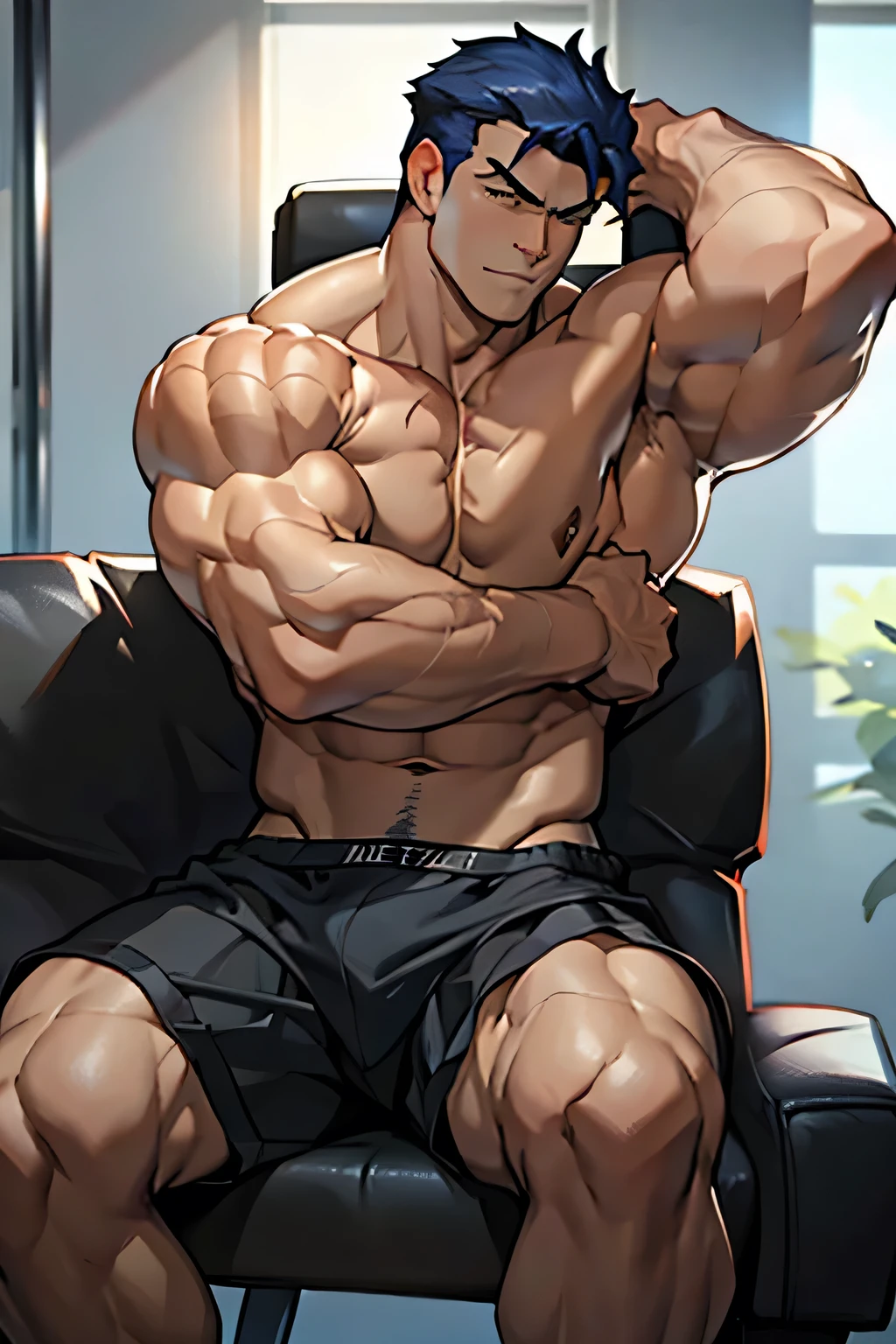Hector is sitting shirtless and wearing black boxershorts and is flexing his biceps. He has many huge veins on his arms.