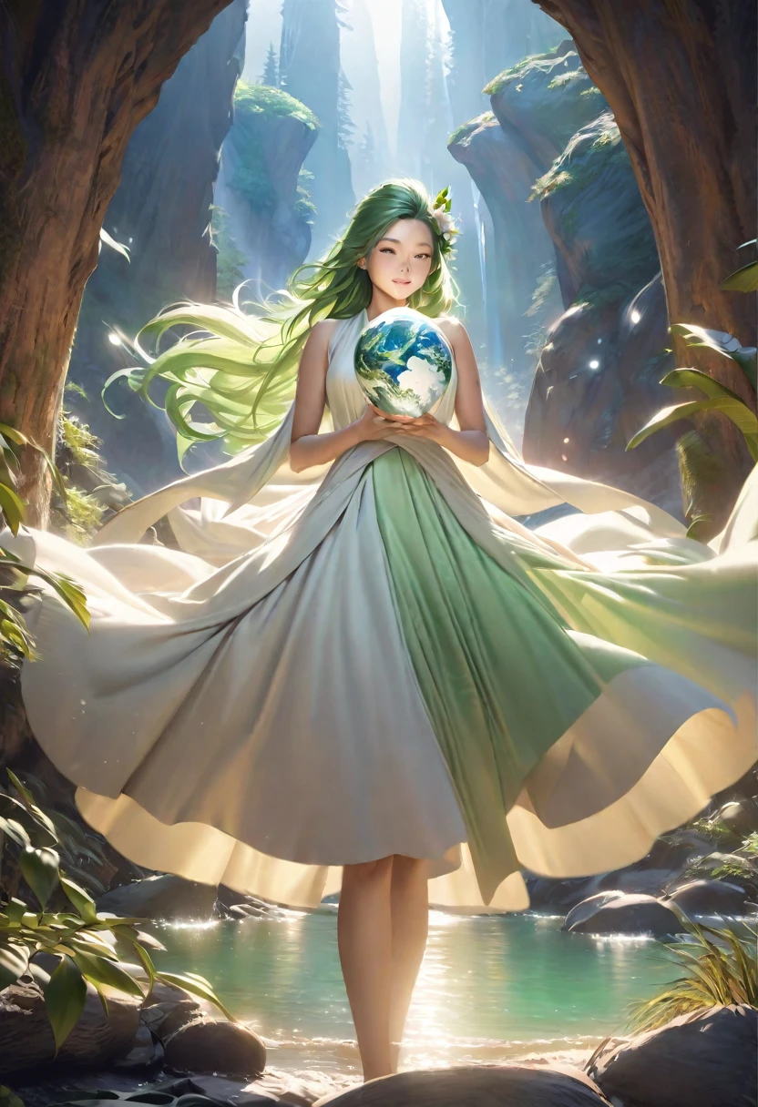 miss earth,personification of the earth as a beautiful woman,goddess-like,humanistic features,natural beauty,radiant smile,lush green hair flowing with the wind,hands gracefully holding a globe,flowing dress made of leaves and flowers,peaceful expression,gentle eyes that reflect the wonders of nature,healing energy emanating from her presence,glowing aura that symbolizes life and vitality,harmony with nature and all living beings,divine connection with the elements,serene background with mountains,forests,and rivers,sunlight filtering through the trees,soft and warm color palette,nature-inspired patterns and textures,ethereal lighting casting a magical glow,highly detailed and realistic portrayal,(best quality,4k,8k,highres,masterpiece:1.2),ultra-detailed,(realistic,photorealistic,photo-realistic:1.37),HDR,UHD,studio lighting,ultra-fine painting,sharp focus,physically-based rendering,extreme detail description,professional,vivid colors,bokeh,portraits,landscape,photography,concept artists,warm earth tones,soft pastels,dreamlike atmosphere