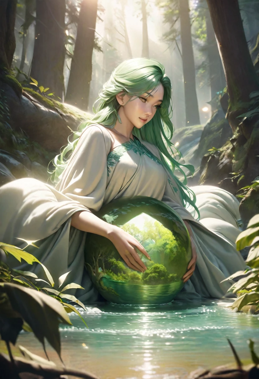 miss earth,personification of the earth as a beautiful woman,goddess-like,humanistic features,natural beauty,radiant smile,lush green hair flowing with the wind,hands gracefully holding a globe,flowing dress made of leaves and flowers,peaceful expression,gentle eyes that reflect the wonders of nature,healing energy emanating from her presence,glowing aura that symbolizes life and vitality,harmony with nature and all living beings,divine connection with the elements,serene background with mountains,forests,and rivers,sunlight filtering through the trees,soft and warm color palette,nature-inspired patterns and textures,ethereal lighting casting a magical glow,highly detailed and realistic portrayal,(best quality,4k,8k,highres,masterpiece:1.2),ultra-detailed,(realistic,photorealistic,photo-realistic:1.37),HDR,UHD,studio lighting,ultra-fine painting,sharp focus,physically-based rendering,extreme detail description,professional,vivid colors,bokeh,portraits,landscape,photography,concept artists,warm earth tones,soft pastels,dreamlike atmosphere