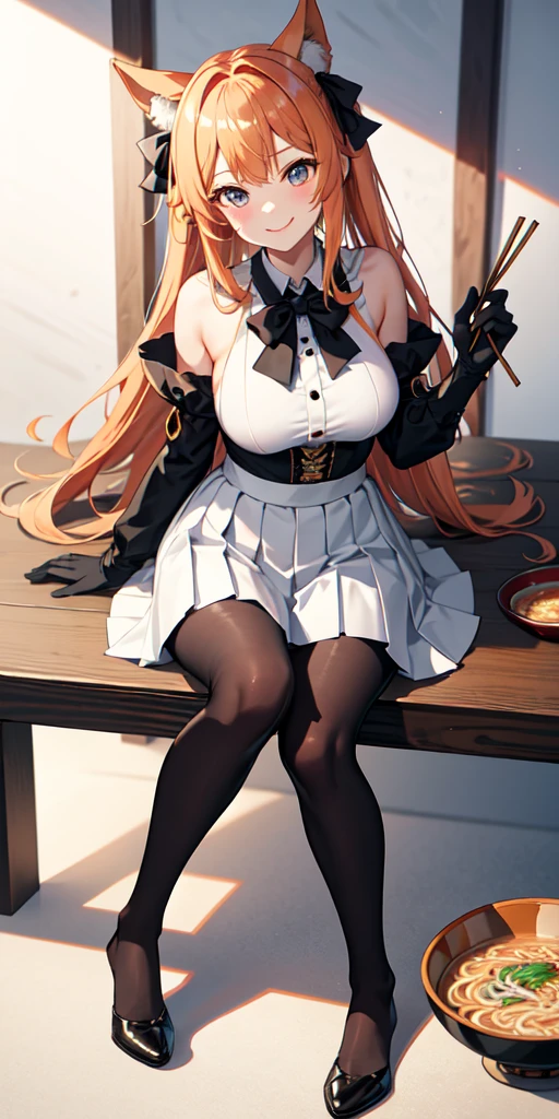 masterpiece, top quality, bewitching pose, full body wide angle, smile, (sitting:1.1) ,ichiraku ramen, (eating ramen noodles:1.0), holding chopsticks and ramen bowl, slurp one's noodles,, silence suzuka (umamusume), black gloves, white skirt, pleated skirt, black pantyhose, layered sleeves, puffy short sleeves, short over long sleeves, black bow, festival,