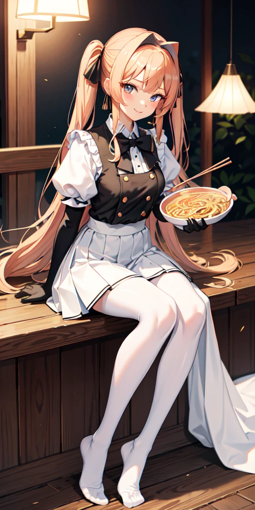 masterpiece, top quality, bewitching pose, full body wide angle, smile, (sitting:1.1) ,ichiraku ramen, (eating ramen noodles:1.0), holding chopsticks and ramen bowl, slurp one's noodles,, silence suzuka (umamusume), black gloves, white skirt, pleated skirt, black pantyhose, layered sleeves, puffy short sleeves, short over long sleeves, black bow, festival,