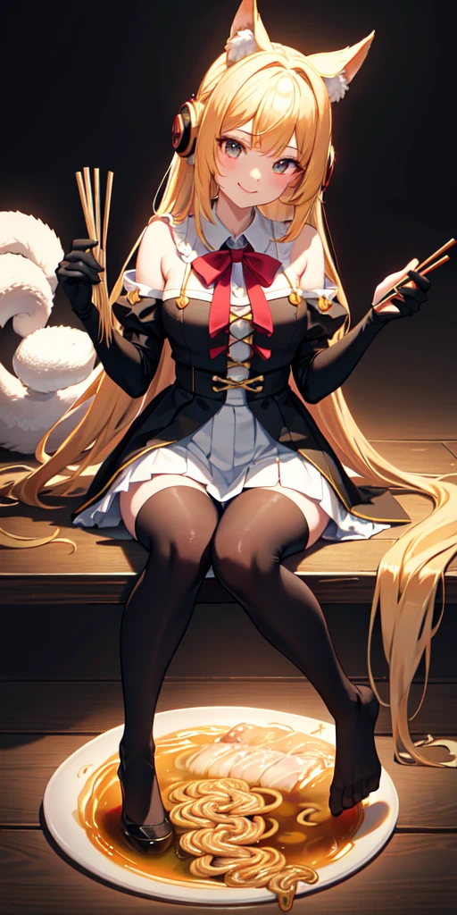 masterpiece, top quality, bewitching pose, full body wide angle, smile, (sitting:1.1) ,ichiraku ramen, (eating ramen noodles:1.0), holding chopsticks and ramen bowl, slurp one's noodles,, silence suzuka (umamusume), black gloves, white skirt, pleated skirt, black pantyhose, layered sleeves, puffy short sleeves, short over long sleeves, black bow, festival,