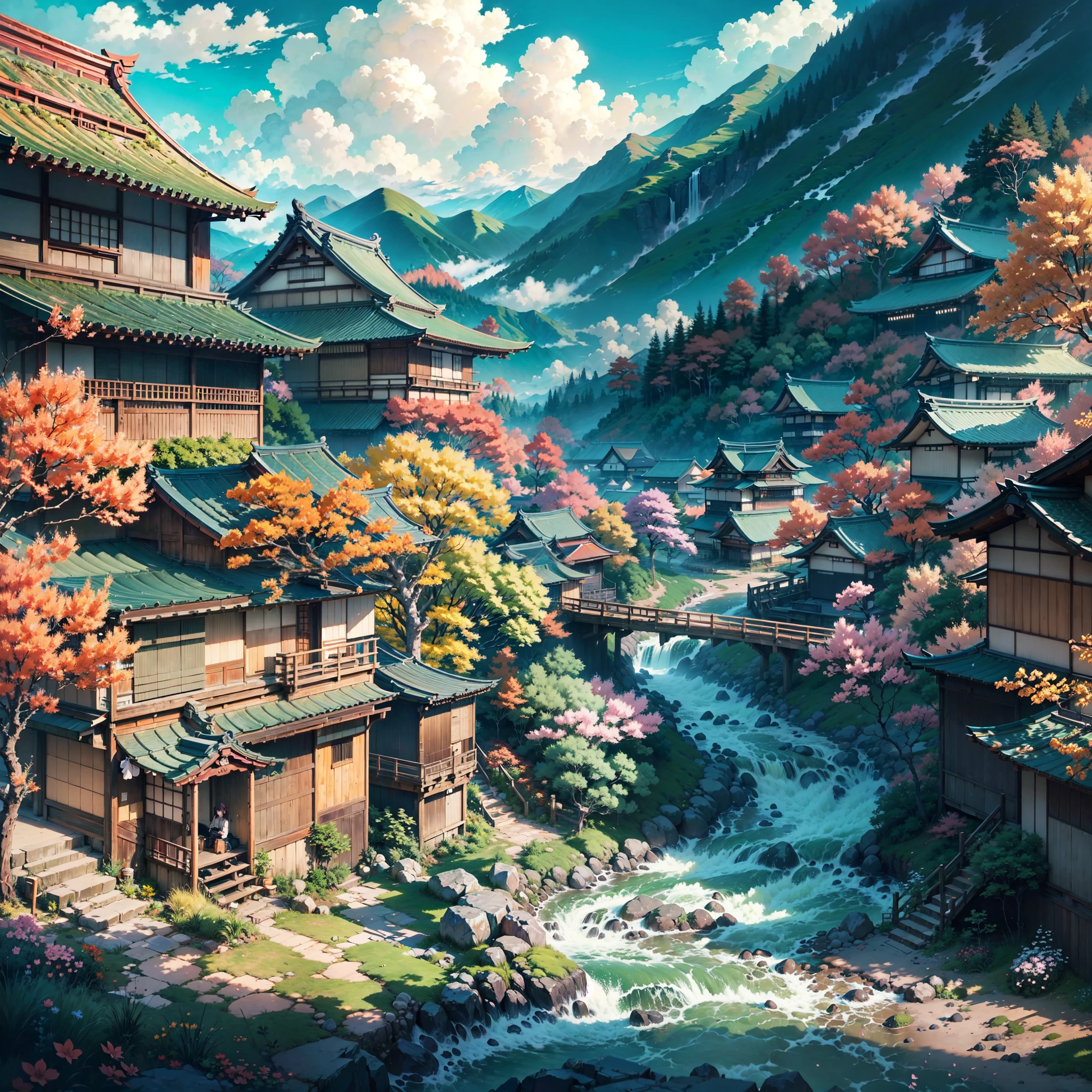japanese village in the mountains with river passing through the middle of the village, modern japan, tokyo village, japanese signs, mountains in the background, bright blue sky, dramatic clouds, high detail, anime background art, beautiful anime scene, japan, (no one: 1), colorful anime movie background, beautiful anime scenery, beautiful anime scene, anime scenery, anime art wallpaper 8 k, tokyo anime scene, anime art wallpaper 4k, anime art wallpaper 4 k, anime scenery concept art,Conceptual art, anime, cinematic lighting, UHD, masterpiece, best quality