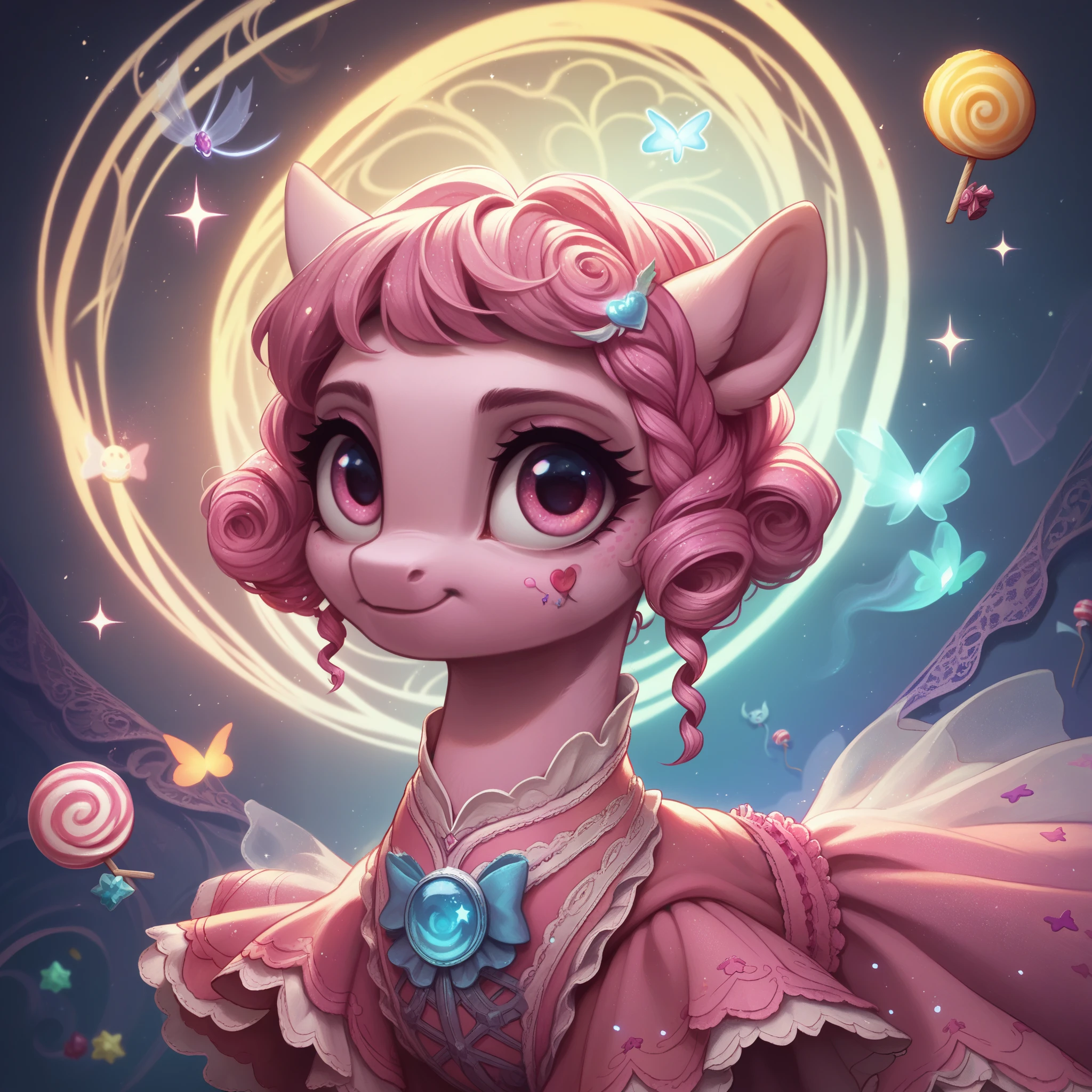 score_9,score_8_up,score_7_up,score_6_up, cute pony, kawaii ****ta fashion, glowing backlight, candy, pink scene, glitter, whimsical, enchanted, magical, fantasy art concept, intricate details,