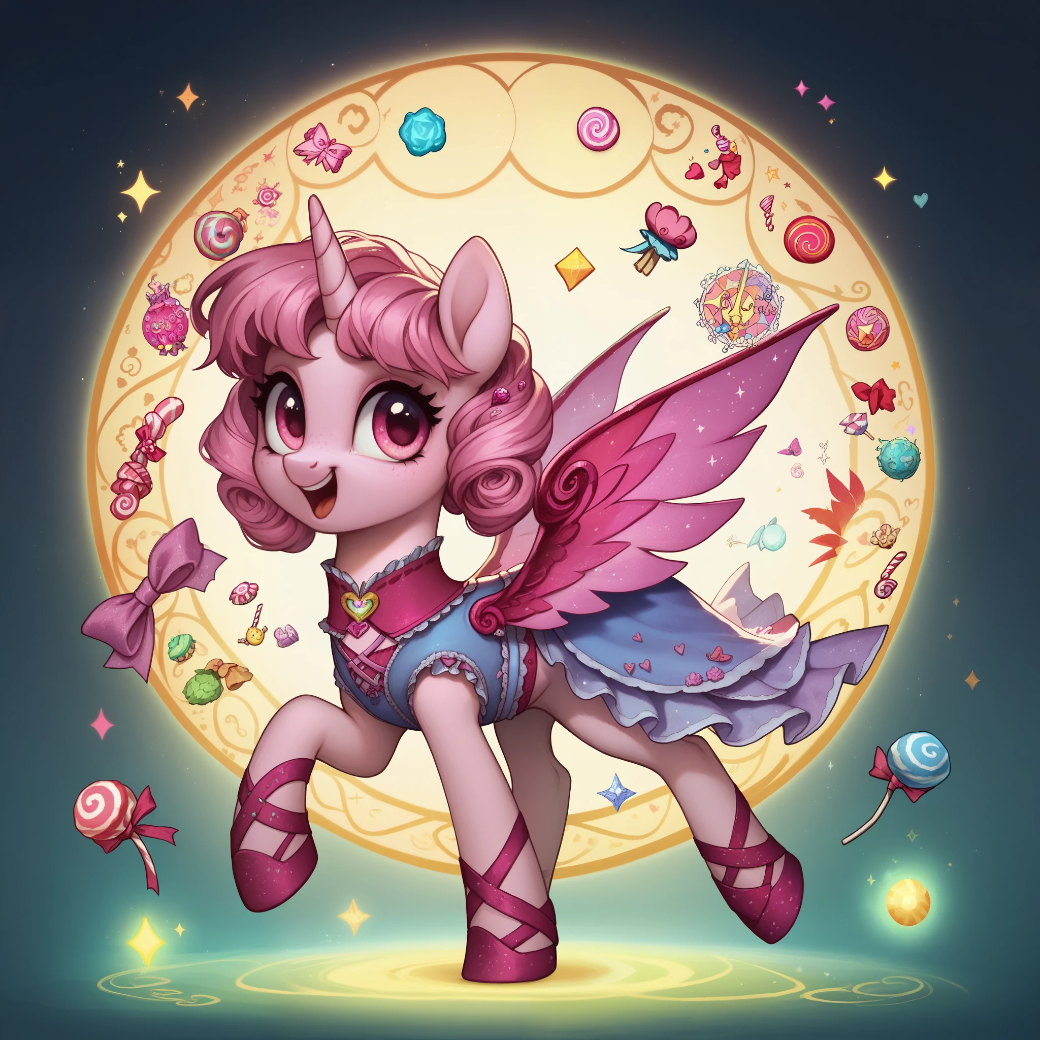 score_9,score_8_up,score_7_up,score_6_up, cute pony, kawaii lolita fashion, glowing backlight, candy, pink scene, glitter, whimsical, enchanted, magical, fantasy art concept, intricate details,