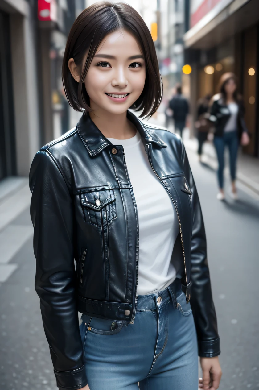 The beauty of 8K raw photos:2.0, Japanese woman, short hair, beautiful face and dark eyes, looking down, looking at the viewer:1.5, big smile, wet hair, tiny top, (denim pants and leather jacket:1.2), shinny skin, open wide legs, realistic:1.9, very detailed, full body shot:1.2, High resolution RAW color photos, professional photos, Taken at the street, girl sexy portrait