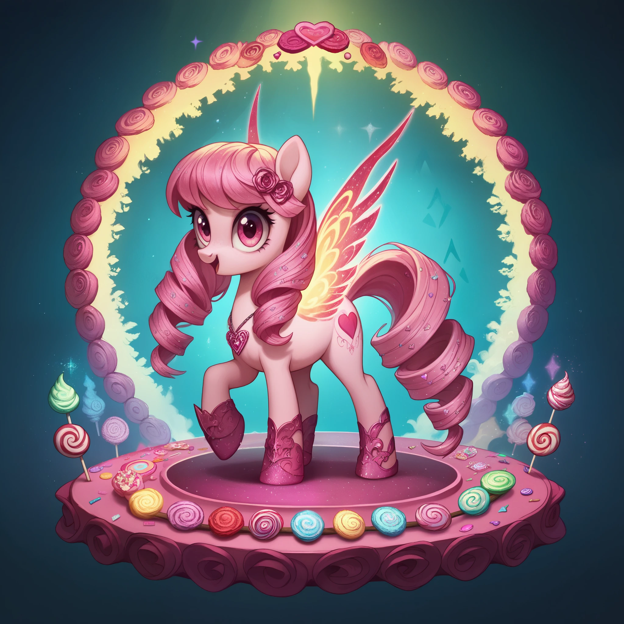 score_9,score_8_up,score_7_up,score_6_up, cute pony, kawaii lolita fashion, glowing backlight, candy, pink scene, glitter, whimsical, enchanted, magical, fantasy art concept, intricate details,