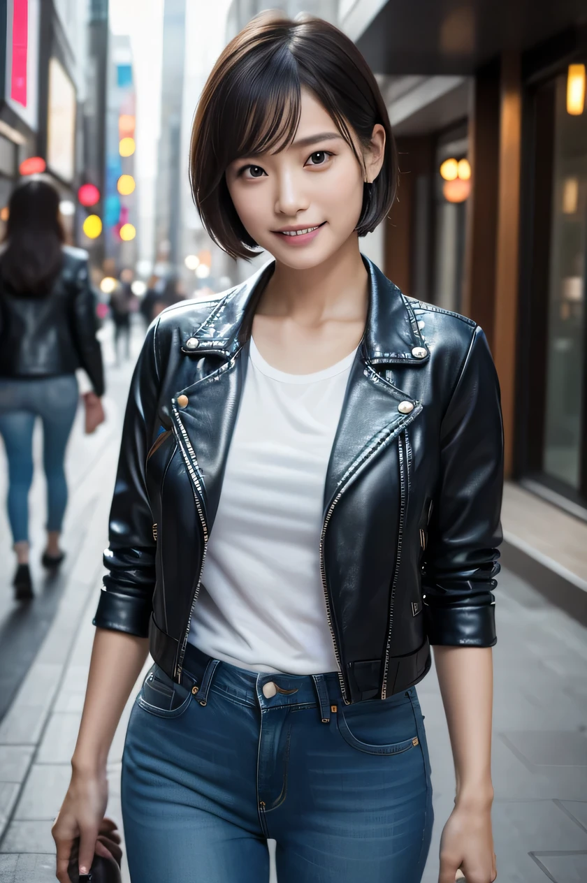 The beauty of 8K raw photos:2.0, Japanese woman, short hair, beautiful face and dark eyes, looking down, looking at the viewer:1.5, big smile, wet hair, tiny top, (denim pants and leather jacket:1.2), shinny skin, open wide legs, realistic:1.9, very detailed, full body shot:1.2, High resolution RAW color photos, professional photos, Taken at the urban city street, girl sexy portrait