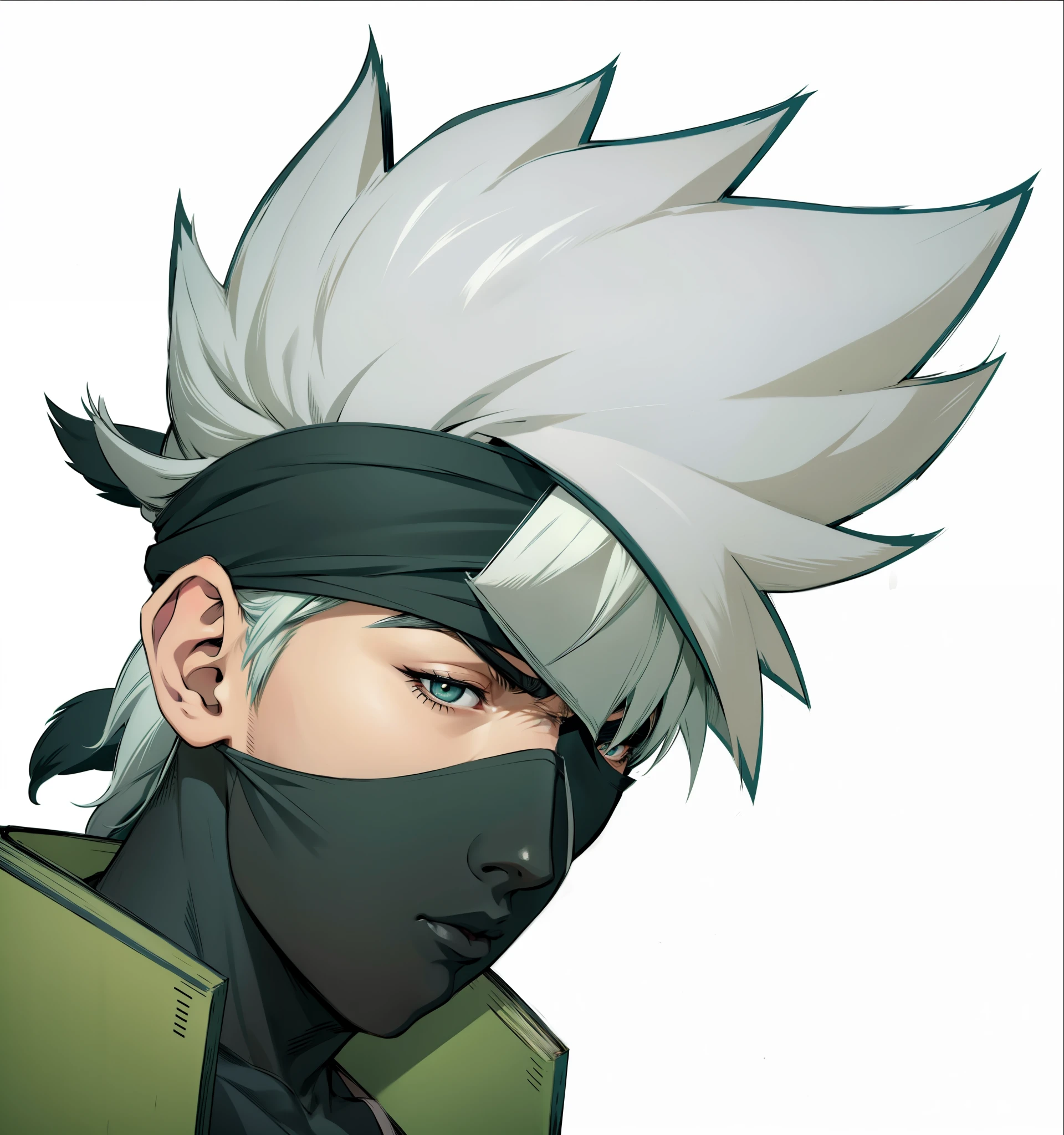 Kakashi Hatake, extremamente realista, muito lindo, colete verde, cabelo branco prateado, segurando um livro aberto, livro capa verde, mascara no rosto, mascara azul
