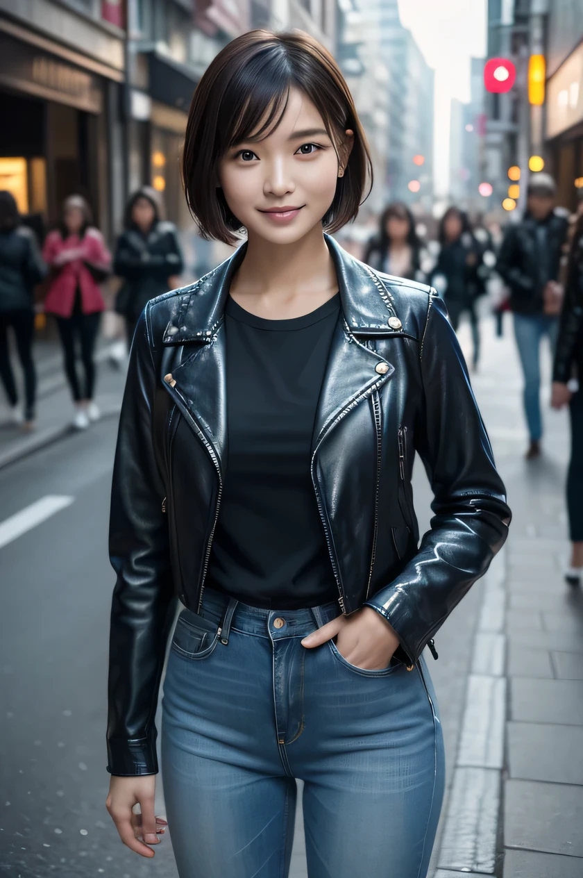 The beauty of 8K raw photos:2.0, Japanese woman, short hair, beautiful face and dark eyes, looking down, looking at the viewer:1.5, big smile, wet hair, tiny top, (denim mini skirt and leather jacket:1.2), shinny skin, open wide legs, realistic:1.9, very detailed, full body shot:1.2, High resolution RAW color photos, professional photos, Taken at the urban city street, girl sexy portrait