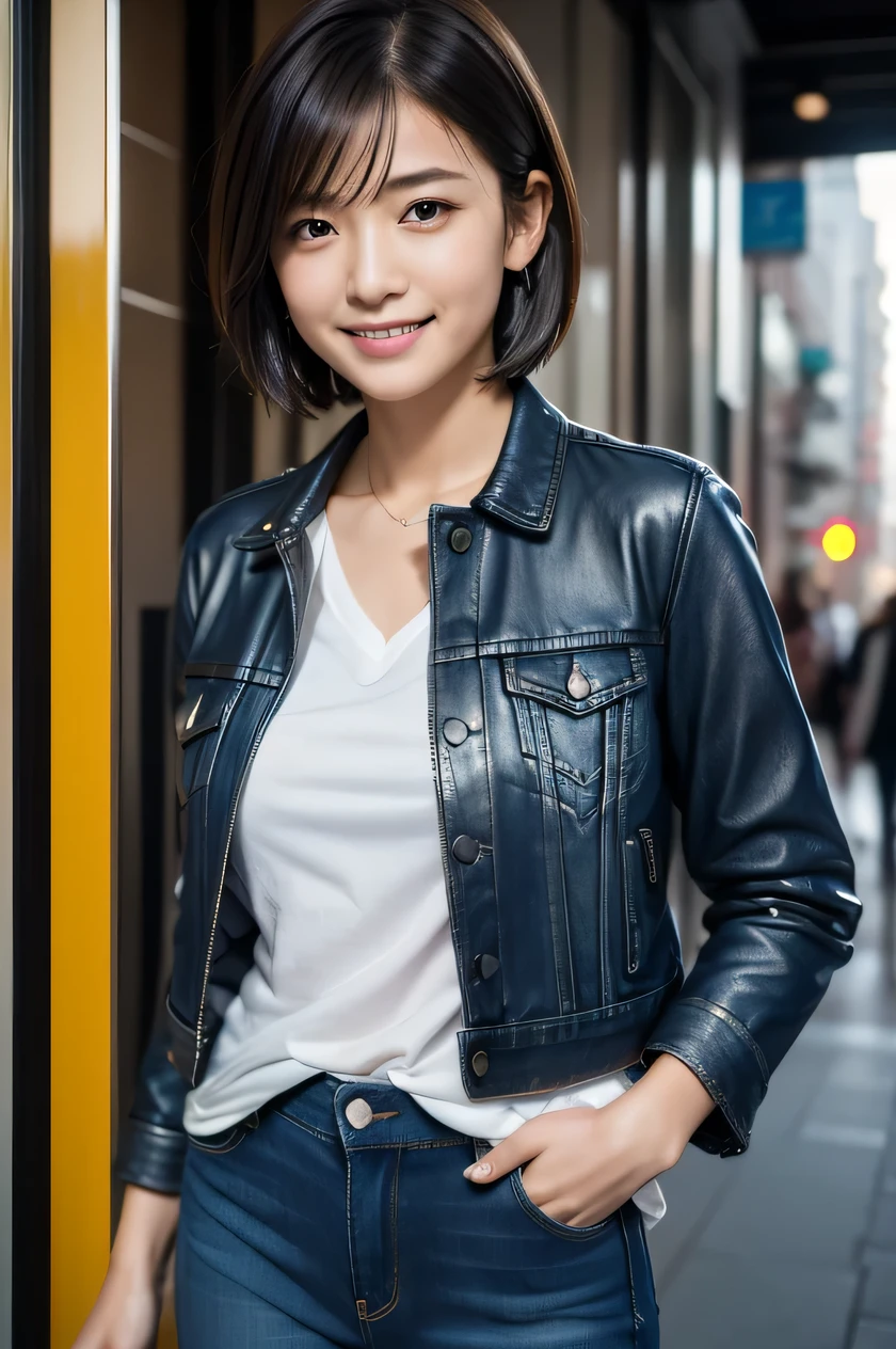 The beauty of 8K raw photos:2.0, Japanese woman, short hair, beautiful face and dark eyes, looking down, looking at the viewer:1.5, big smile, wet hair, tiny top, (denim pants and leather jacket:1.2), shinny skin, open wide legs, realistic:1.9, very detailed, full body shot:1.2, High resolution RAW color photos, professional photos, Taken at the urban city street, girl sexy portrait