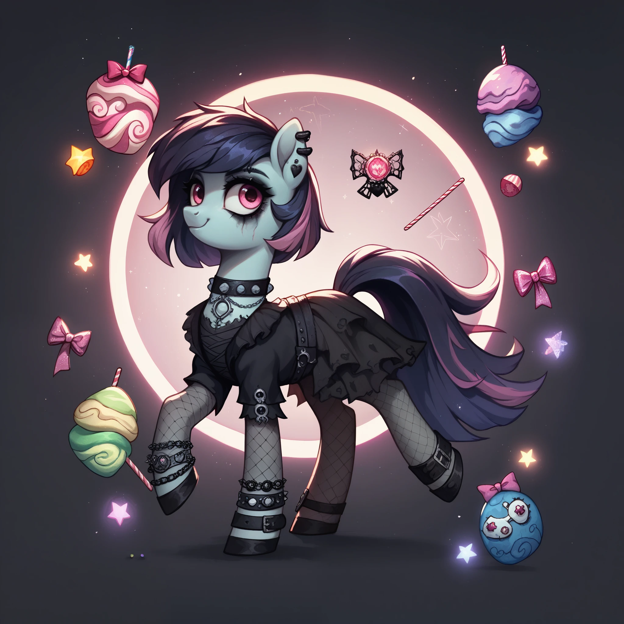 score_9,score_8_up,score_7_up,score_6_up, cute Zombie pony, Goth fashion, glowing backlight, candy, pink scene, glitter, whimsical, enchanted, magical, fantasy art concept, intricate details,