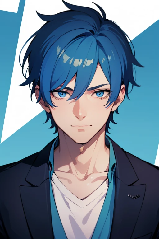 1man, mature, winking, handsome boy, blue hair, blue eyes, short messy blue hair, white background, adult, ((28 years old)), male, man, handsome, 28 years old, adult man