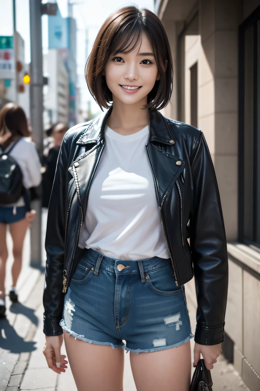 The beauty of 8K RAW photography:2.0, Japanese women, short hair, Beautiful face and dark eyes, Looking down, Looking at the audience:1.5, Big smile, Wet Hair, Small Top, (Miniskirts and jackets:1.2), Glowing Skin, Spread your legs wide, Realistic:1.9, Very detailed, Full Body Shot:1.2, High resolution raw color photos, Professional photos, Shot on a city street, Sexy portrait of a girl