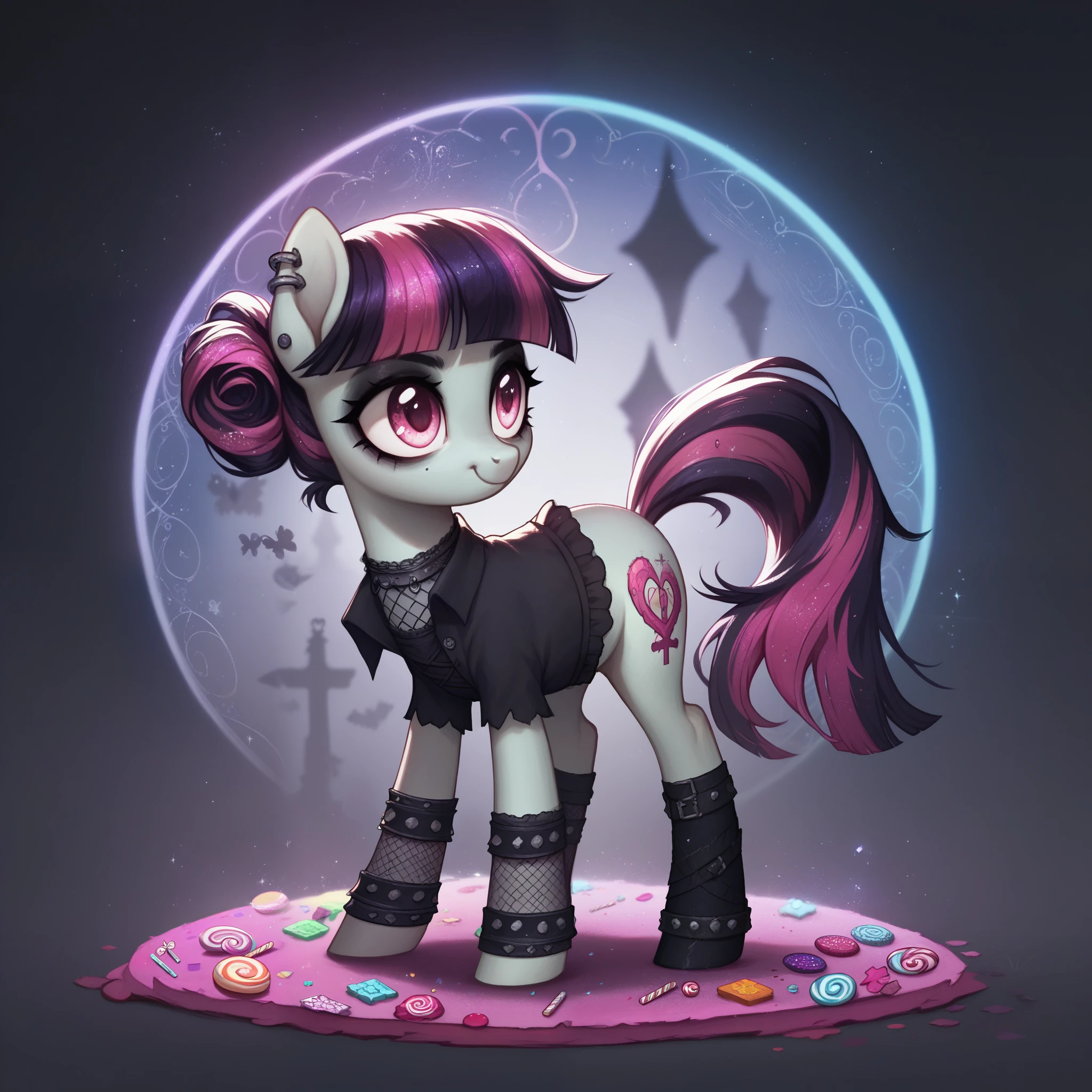 score_9,score_8_up,score_7_up,score_6_up, cute Zombie pony, Goth fashion, glowing backlight, candy, pink scene, glitter, whimsical, enchanted, magical, fantasy art concept, intricate details,