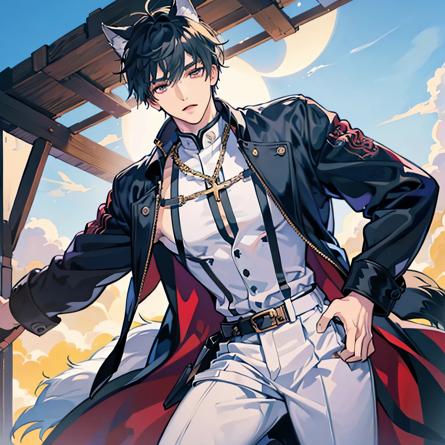 Anime. Young man demi-human wolf, handsome, has wolf tail and ears. Modern clothing.