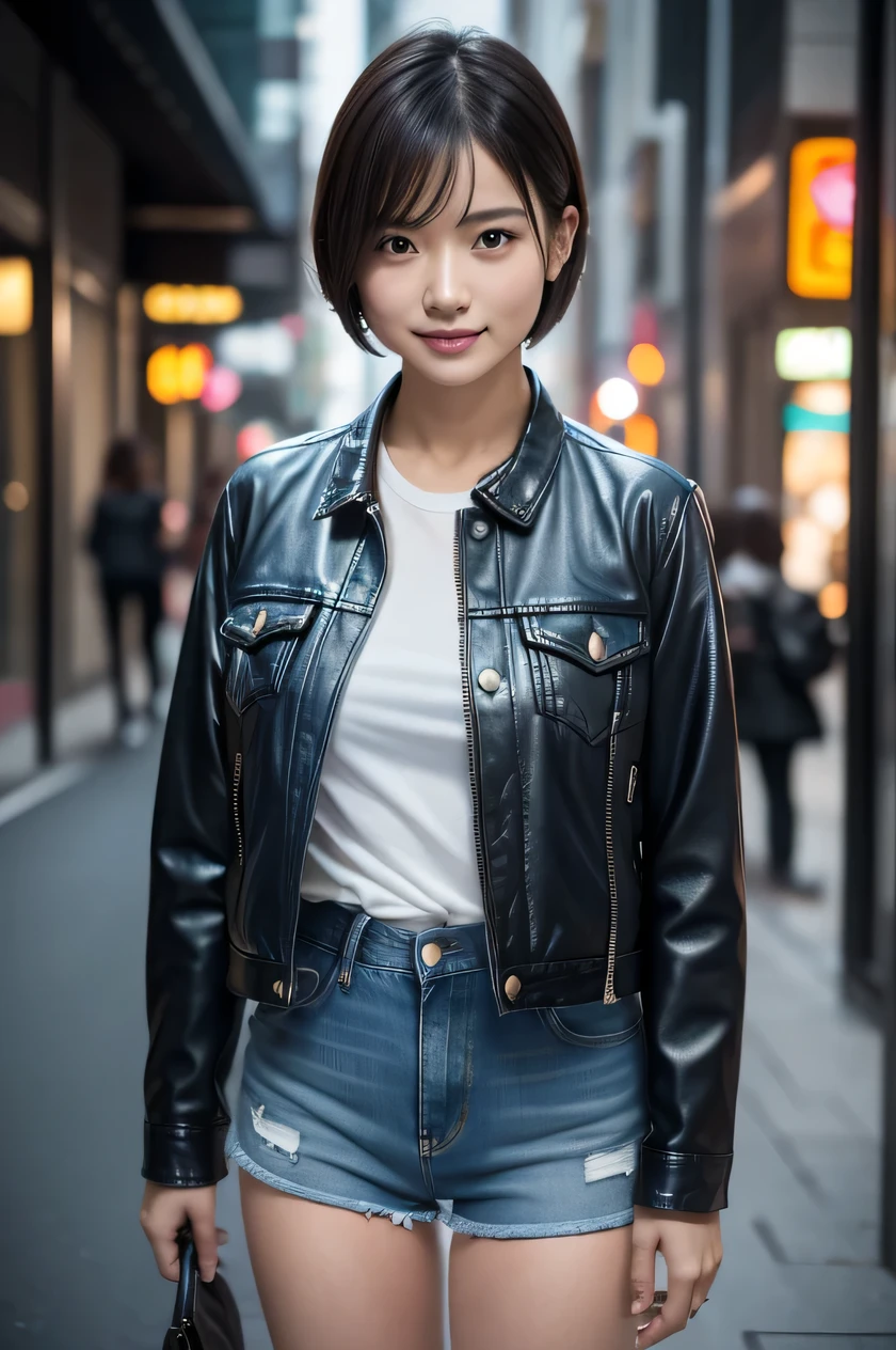 The beauty of 8K raw photos:2.0, Japanese woman, short hair, beautiful face and dark eyes, looking down, looking at the viewer:1.5, big smile, wet hair, tiny top, (denim shorts and leather jacket:1.2), shinny skin, open wide legs, realistic:1.9, very detailed, full body shot:1.2, High resolution RAW color photos, professional photos, Taken at the urban city street, girl sexy portrait