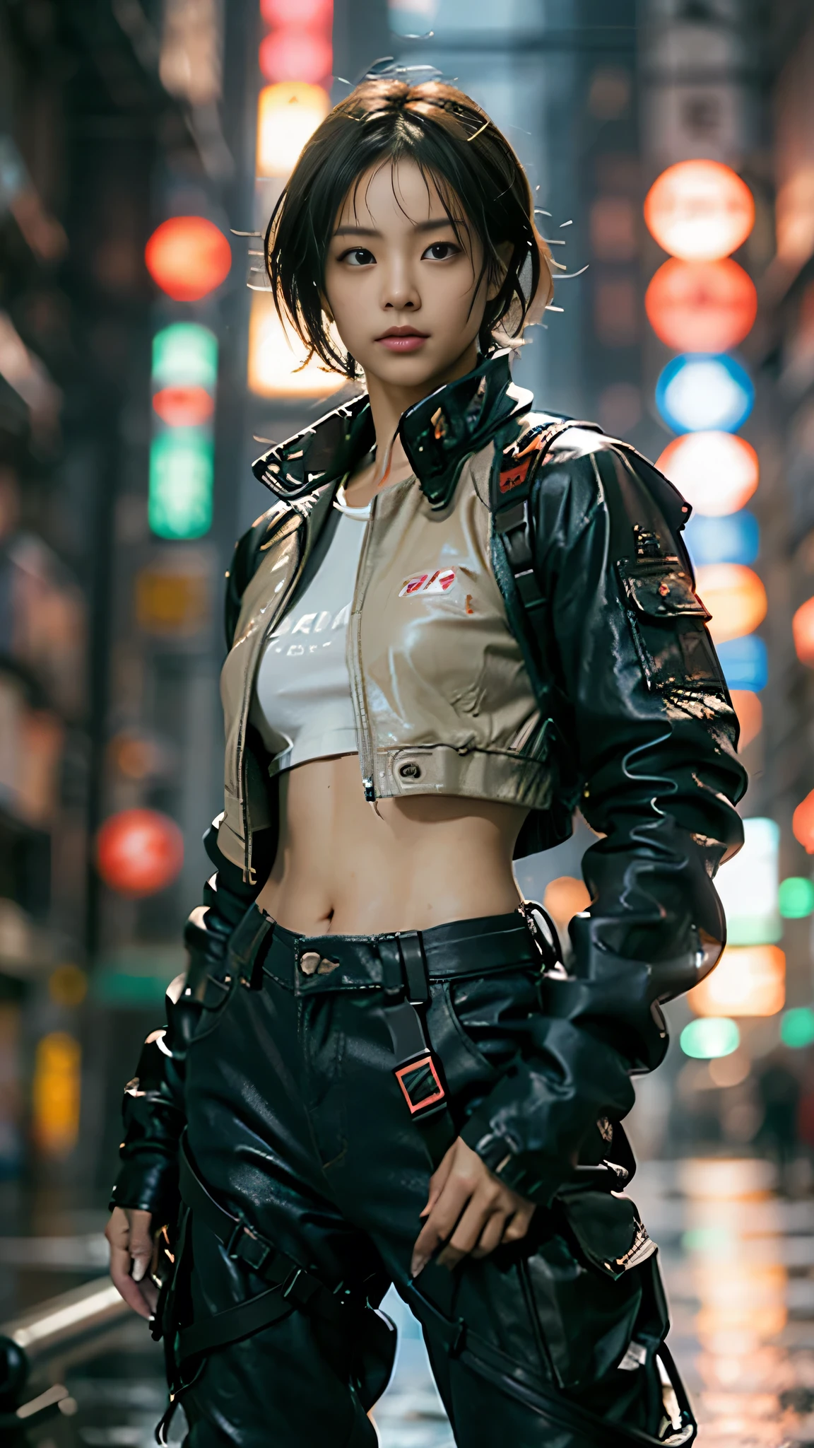 (masterpiece:1.2), (realistic, photo realistic:1.37), perfect ???????, highly detailed background, shiny skin, (Japanese famous actress:1.5), (gyaru), flat chest, brown race, dark skin, blond hair, (very short hair:1.2), cinematic lighting, (dynamic Pose:1.5), cowboy shot, denim pants, (urban techwear:1.5), (wet hair, a wet cloth, water drop on the skin:1.1), (cyberpunk city, neon, lasers:1.3),