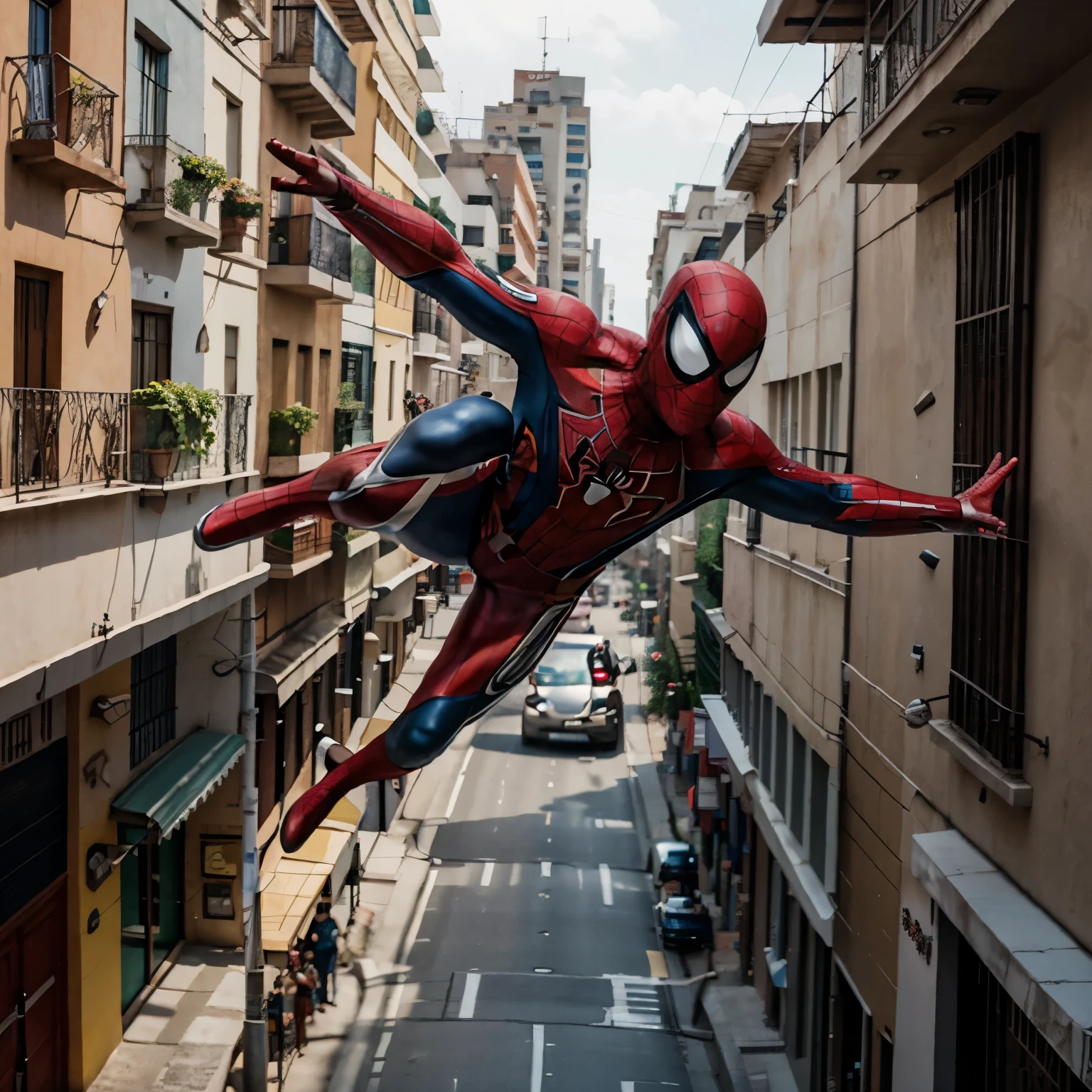 Spiderman y Ironman volando por un barrio de mexico