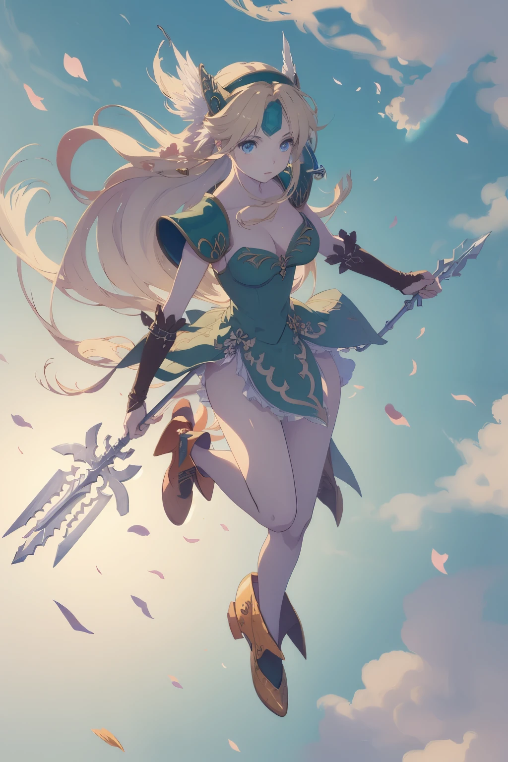 masterpiece, best quality, illustration, 1girl, solo, Riesz, (gold long hair), green dress, sharp eyes, (vivid color), light, thick smoke:1.6, (floating white ink:1.8), Cyan flame, (beautiful and clear background:1.25), (depth of field:0.7), Dreamlike, (highres:1.2), (ultra-detailed:1.2), (extremely detailed CG unity 8k wallpaper:1.2), (traditional media), (sketch:1.1), finely detailed beautiful eyes and detailed face, spear, (flying petals:1.2), white flower, spearfight, dynamic colors, colorful, dynamic pose, dynamic angle, (full body:1.5), Trials of Mana, (spear, holding spear:1.5), Riesz, medium breasts, (detailed eyes), cute, beauty, HDR, 4K, nier anime style, harmony, fighting stance,