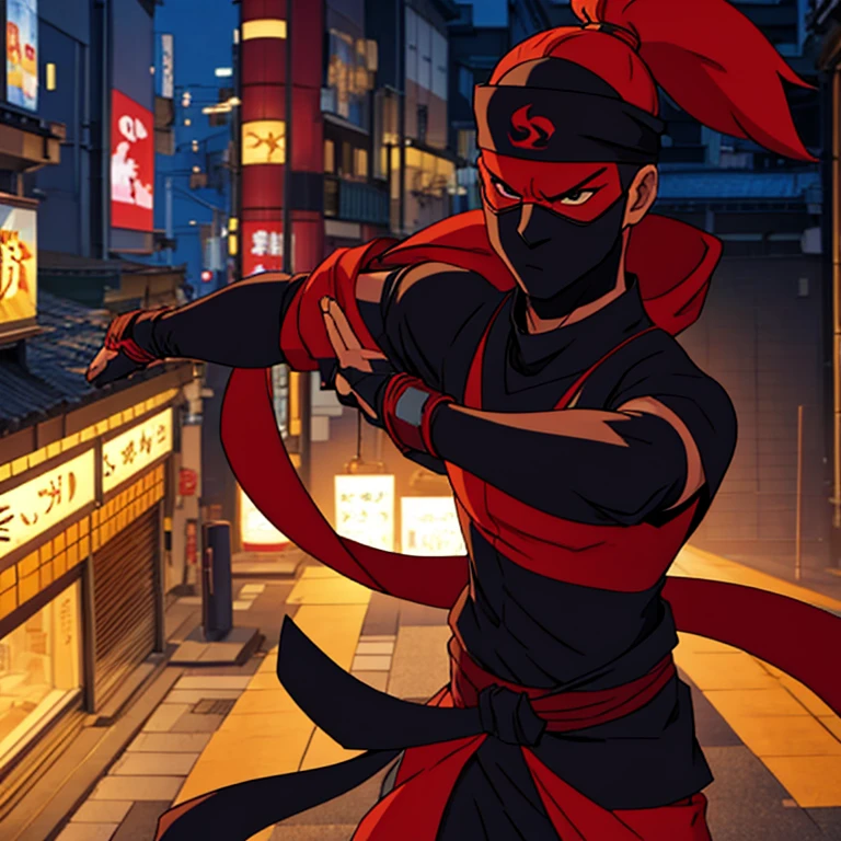 masked ninja using hand signs, jutsu user, headband, located in Tokyo