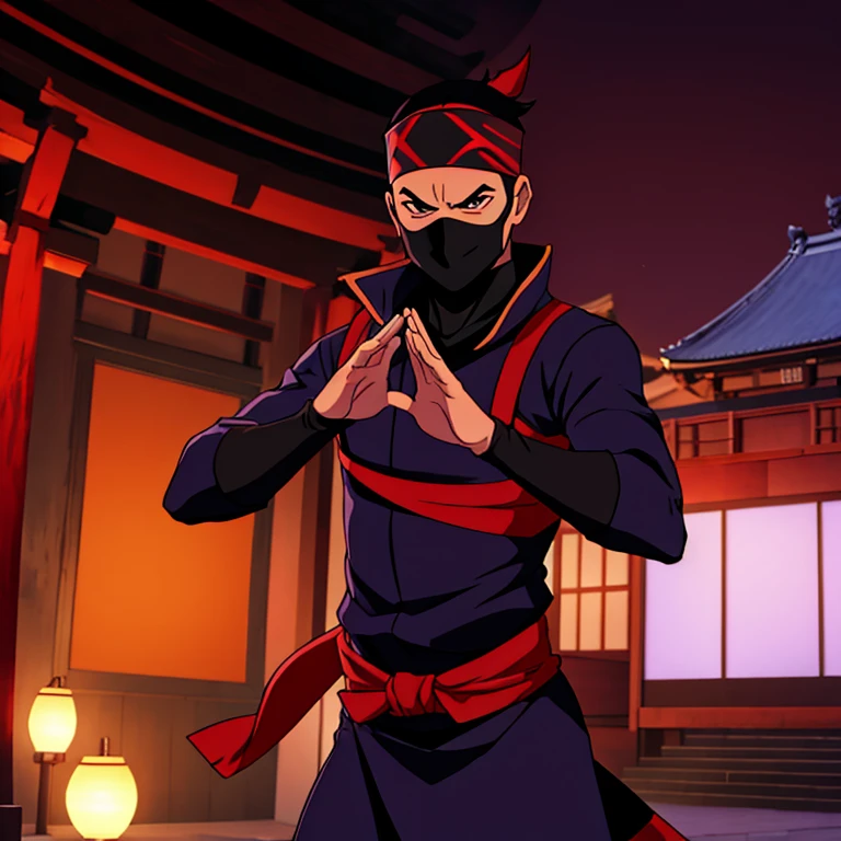 masked ninja using hand signs, jutsu user, headband, located in Tokyo