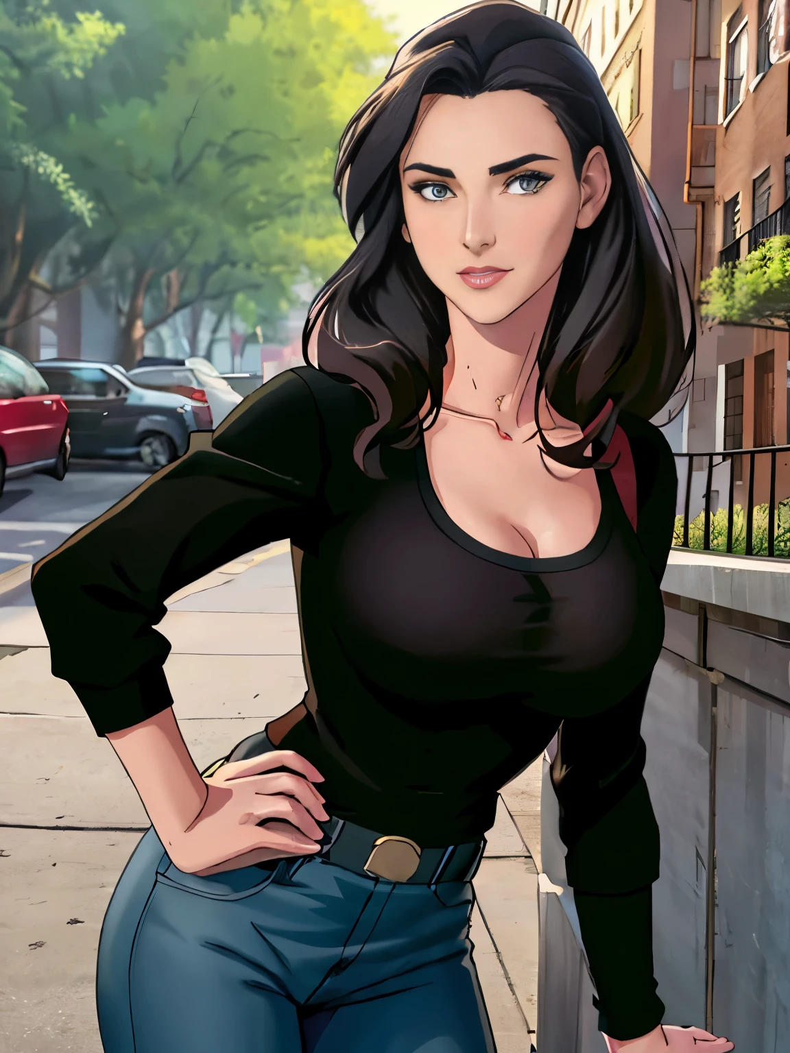 (masterpiece, top quality, best quality, official art, beautiful and aesthetic:1.2), (1girl:1.3), dark brown hair pulled back, elegant updo, extremely detailed, portrait, looking at viewer, facing viewer, solo, (full body:0.6), detailed background, close up, kindly eyes, (warm summer park theme:1.1), busty woman, charlatan, smirk, mysterious, long hair, updo, slim, thin, athletic, womanly, elastic woman, black jacket, tank top, green jeans, hair bandana, camera bag, brunette, city, heroic, cheerful, city exterior, park, street, daylight, soft lighting, natural lighting, athletic, strong, slim waist, slim hips, long legs, muscular legs, modern (city park exterior:1.1) background, bright mysterious lighting, shadows, magical atmosphere, dutch angle, (Abigail Shapiro)